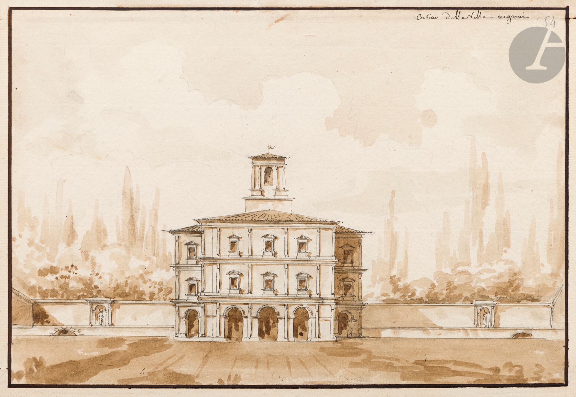 Antoine Laurent VAUDOYER 
(Paris 1756 - 1846)
Casino at Villa Negroni
Pen, brown ink and brown wash over black pencil lines.
Inscribed on the recto in pen: "Casino della villa Negroni"; on the verso in pencil: "Antoine Laurent Thomas VAUDOYER, Elève de Peyre, grand prix de Rome en 1783. Drawing executed during his stay in Rome 1783-1787. From the artist's family. Enlargement of the Institute, architect of the Observatory". Vaudoyer stamp, affixed four times on verso (Lugt not listed).
(Glued in full, slightly unstained, small stains, small restored chips).
18.1 x 26.2 cm