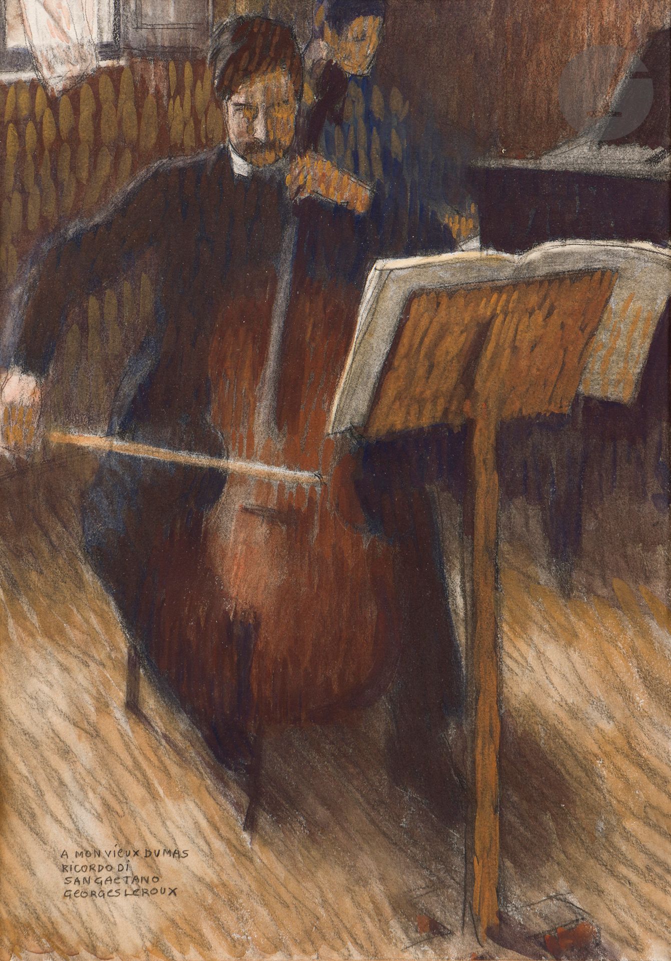 Georges Paul LEROUX (1877 - 1957)
Portrait de Louis Dumas au violoncelle (1877-1952)
Aquarelle gouachée sur esquisse de pierre noire et estompe.
Signée, située et dédicacée en bas à gauche « A mon vieux Dumas, Ricordi, San Gaetano ».
38 x 27 cm