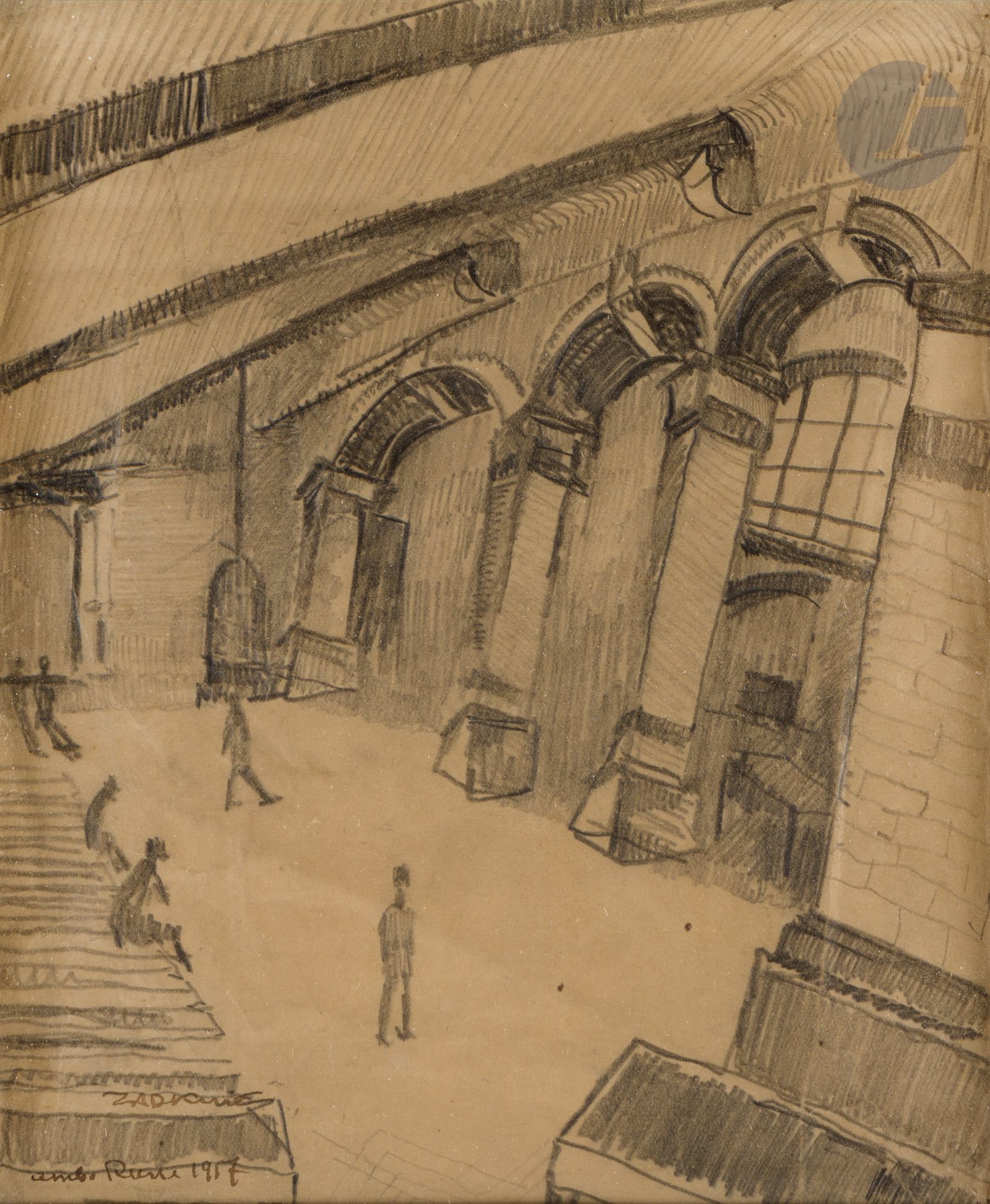 Ossip ZADKINE (1888 - 1967)
L’Ambulance Russe, 1917
Crayon sur papier glacé.
Signé, daté et annoté « amb. Russe » en bas à gauche.
20 x 16,5 cm


Le lieu représenté est la salle des fêtes de la rue de la République située à Magenta, un faubourg d’Épernay, où se trouvait installée l’Ambulance Russe au sein de laquelle Zadkine, engagé volontaire dans la Légion étrangère, fut affecté durant la Première guerre mondiale. Les silhouettes sont celles de soldats en cantonnement.