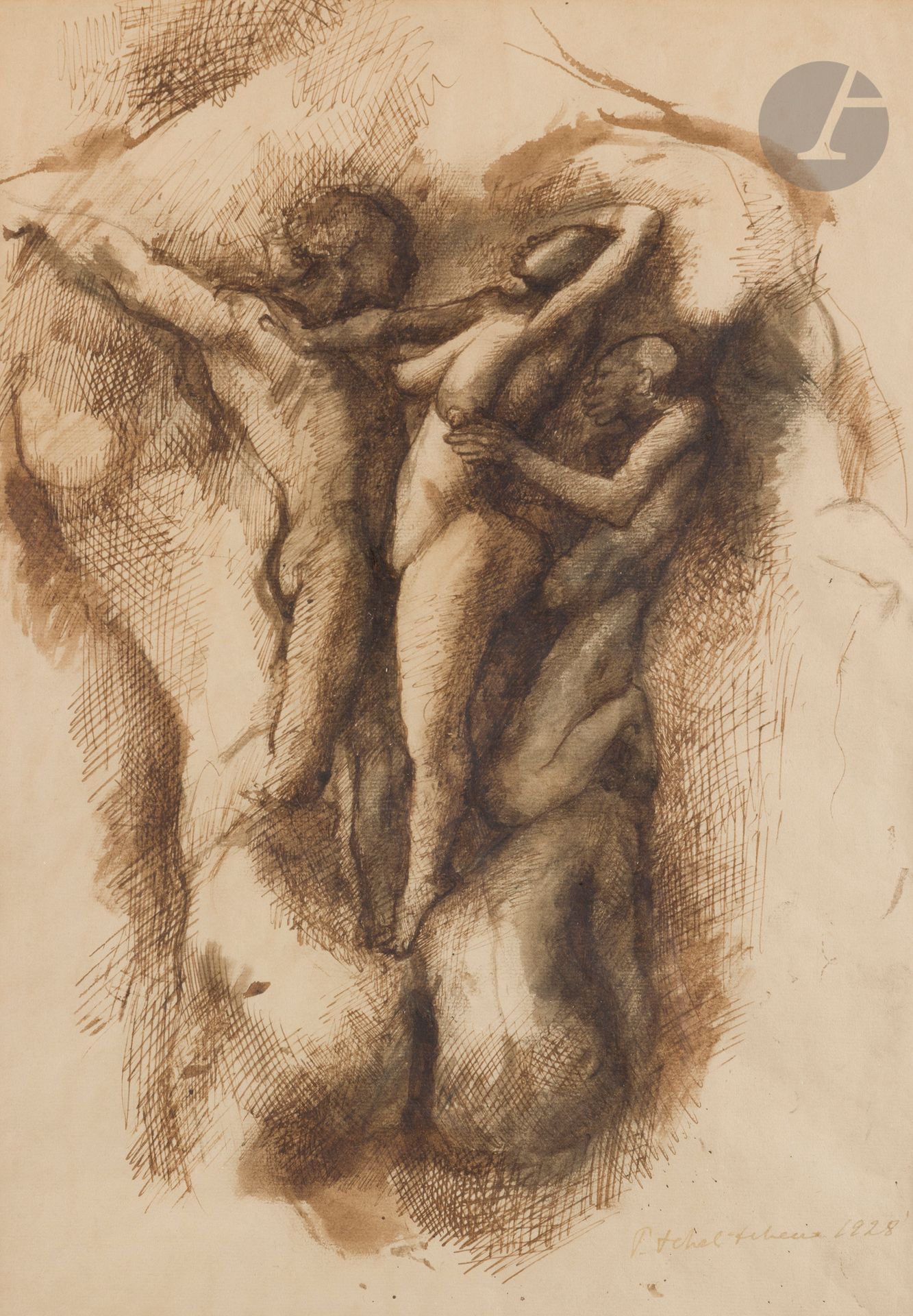 Pavel TCHELITCHEW (1898 - 1957)
Erotic scene and man's back, 1928
Brown ink and brown wash.
Signed and dated lower right.
43 x 29 cm