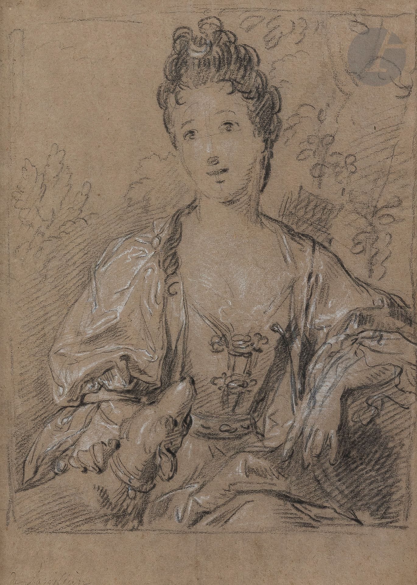 Alexis-Simon BELLE (Paris 1674 - 1734)
Portrait d’une jeune femme en Diane chasseresse
Pierre noire et rehauts de craie blanche sur papier chamois.
Annotée en bas à gauche « Largillière ».
(Petites pliures).
32,7 x 23,8 cm 

Provenance : 
- Vente anonyme, Me Hemard-Lair-Dubreuil, Hôtel Drouot, Paris, 25 mars 1925, n°4, reproduit.
- Vente anonyme, Le Calvez et Associés, Auvers sur Oise, 20 juin 2012, lot n°43.
- Selon une étiquette au verso, ancienne collection Jaremistch.

Exposition : 
Exposition de dessins du XV au XXe siècle, Max Bine, Paris, 1927, n°79.