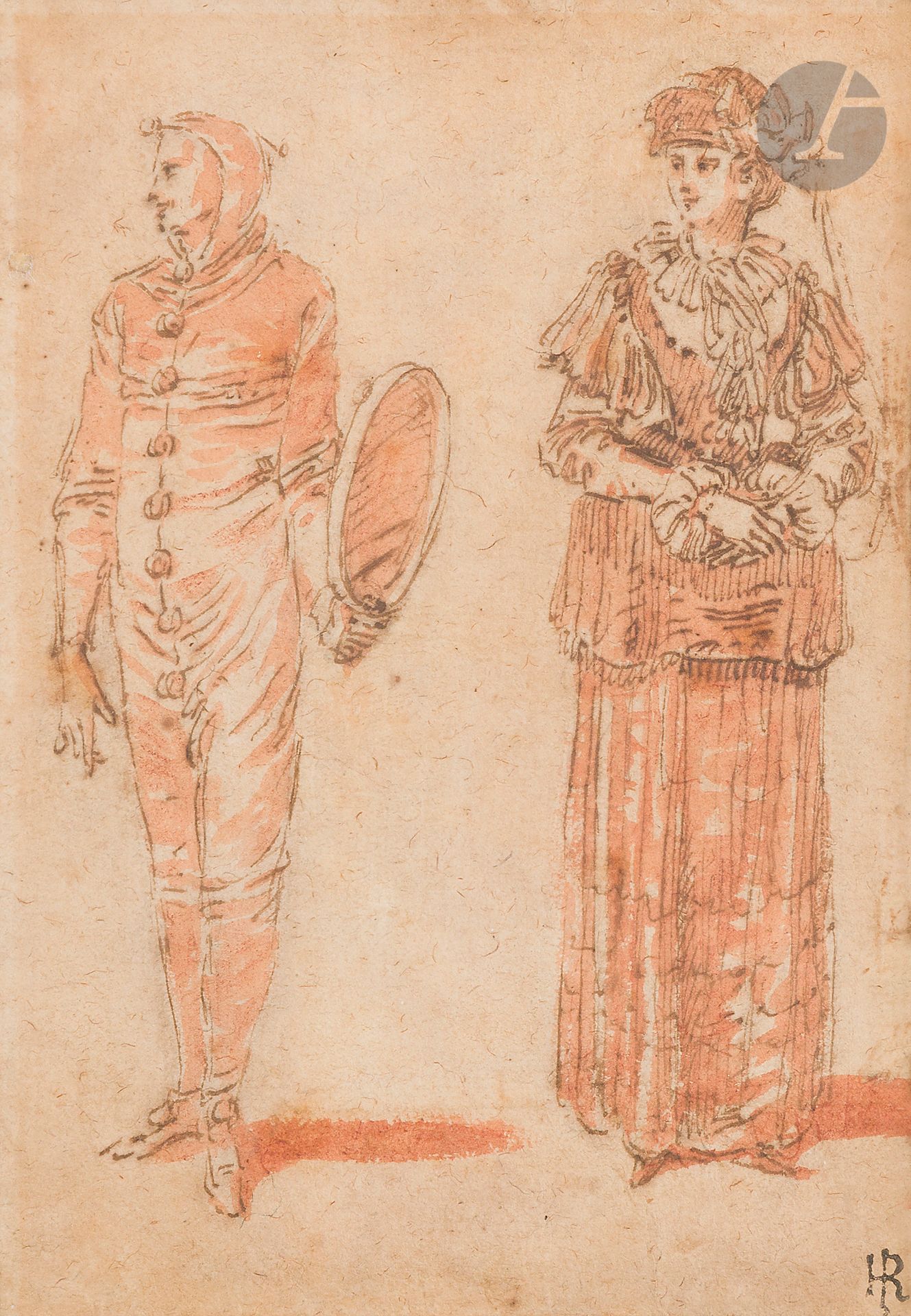 Claude GILLOT (Langres 1673 - Paris 1722)
Pierrot et femme de la commedia dell’arte
Plume et encre noire, lavis de sanguine.
Annotée «HR» en bas à droite.
(Insolé, coupé d’une plus grande feuille). 
13 x 9,5 cm
