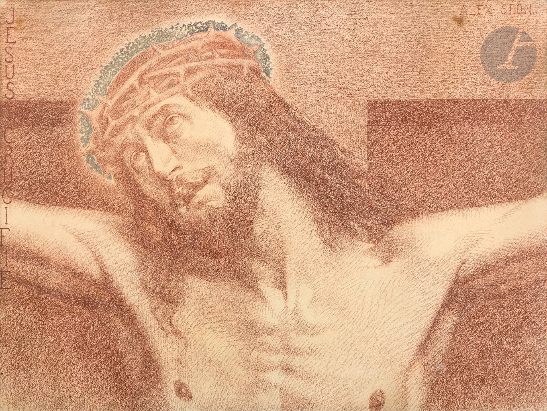 Alexandre SÉON (1855 - 1917)
Jésus crucifié
Sanguine et sanguine brûlée.
Signée en haut à droite et titrée verticalement sur le bord gauche. 
(Gouache partiellement oxydée, légèrement insolé, petites taches).
49,5 x 67 cm

Notre dessin est préparatoire pour Le Christ en croix, étude pour le décor de la chapelle du château de l’Orfrasière commandé à l’artiste, en 1905, par la comtesse Robert de Wendel et conservé actuellement au musée d’Orsay (inv. RF Moag 2021 3 4).