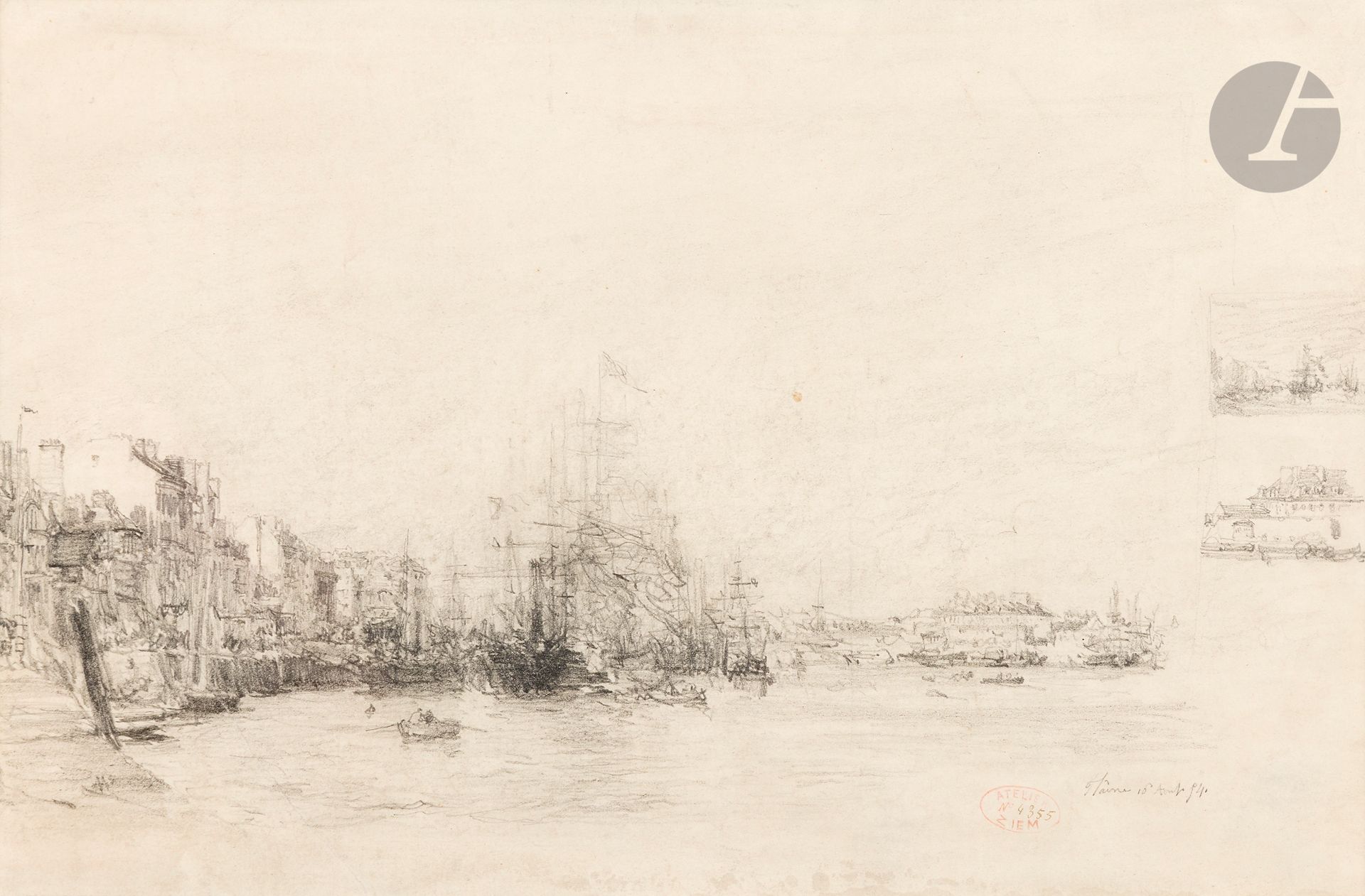 Félix ZIEM (1821 - 1911)
Vue du port du Havre, 1854 ?
Crayon noir.
Cachet de l’atelier en bas à droite (n°4355).
Située et datée en bas à droite « 16 aout 54? ».
19,5 x 28,5 cm