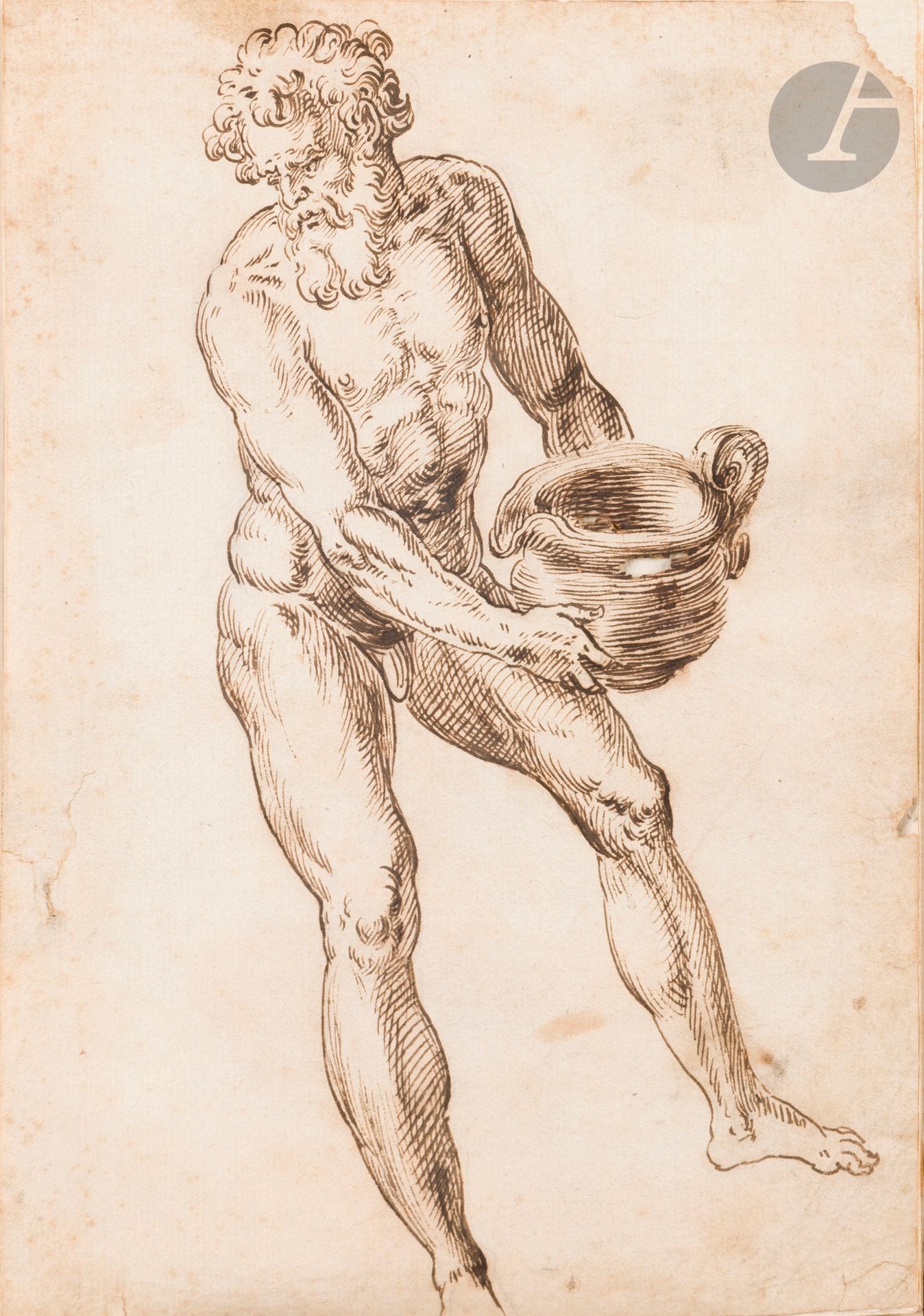 16th century ITALIAN COLLECTION 
Man carrying a jug
Pen and brown ink.
(Corners missing, stains and tears, holes caused by iron gall ink).
26.5 x 18.5 cm