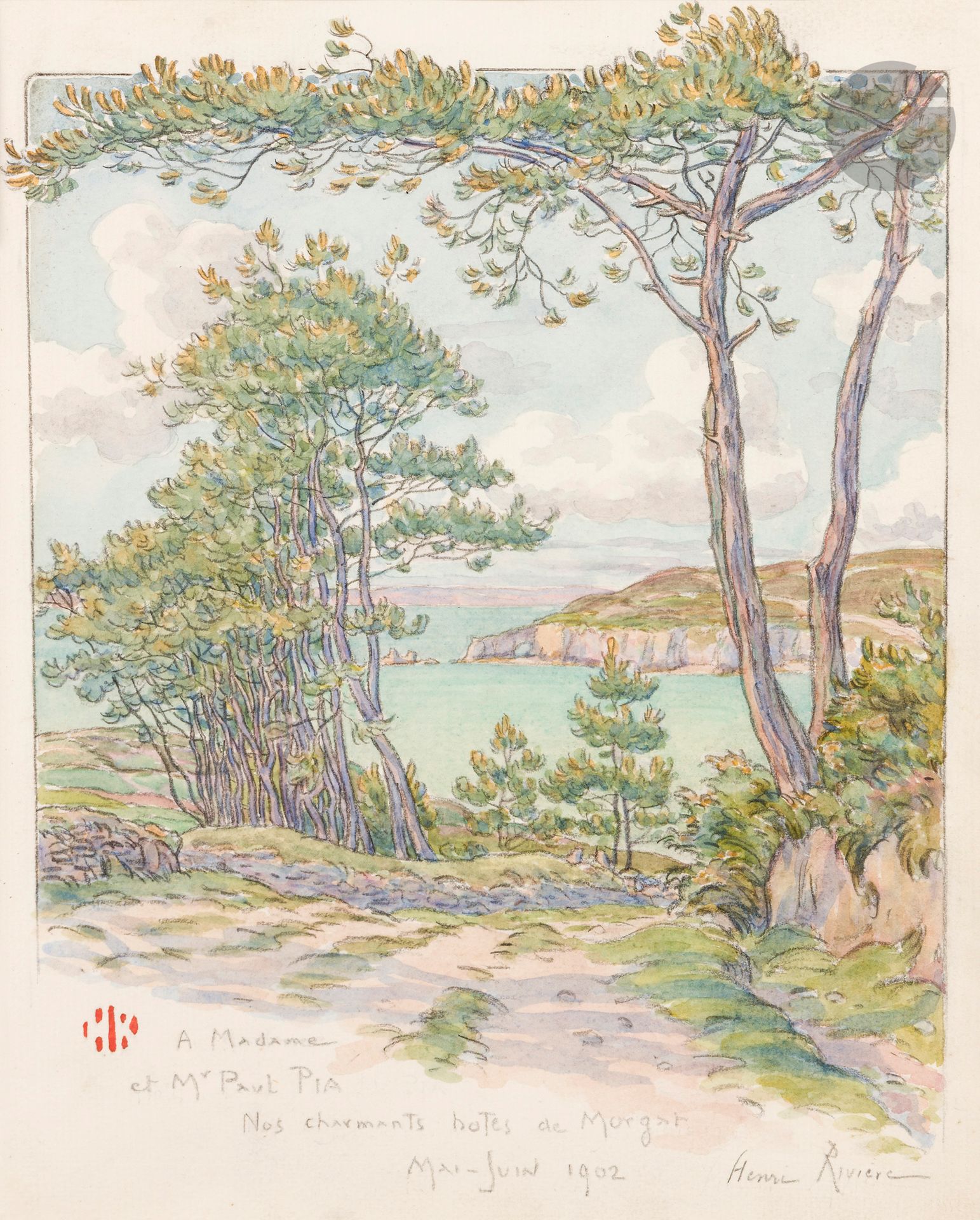 Henri RIVIÈRE (1864 - 1951)
Presqu’île de Crozon
Aquarelle sur traits de crayon noir.
Signée et dédicacée en bas : « A Madame et Mr Paul Pia/Nos charmants hotes de Morgat / mai-Juin 1902 / Henri Rivière ».
Son cachet rouge en bas à gauche (Lugt 1361).
28 x 22,5 cm