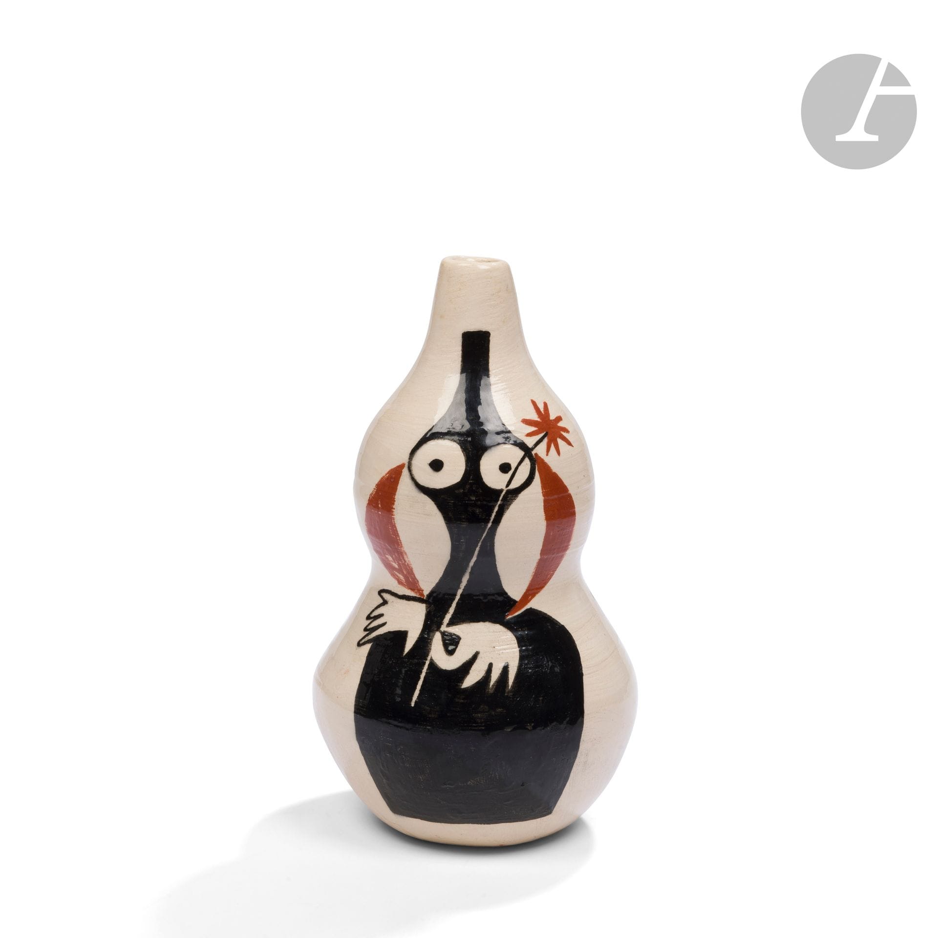 VALENTINE SCHLEGEL (1925-2021) & ANDRÉE VILAR-SCHLEGEL (1916-2009)
Sans titre, vers 1958
Vase; initialement base d’une bouteille. Épreuve en terre de faïence rouge; le décor (répété deux fois) traité polychrome aux engobes sur fond blanc. Présenté sans le bouchon original. Signé V. SCHLEGEL et porte le monogramme A. V. sous la base. H.23cm

Bibliographie:
Hélène Bertin – Valentine Schlegel: je dors, je travaille – Éditions Futur et CAC de Brétigny, avec le soutien du Centre national des arts plastiques et de la Fondation de France, 2017. Légère variante, complète de son bouchon, reproduite page 038.