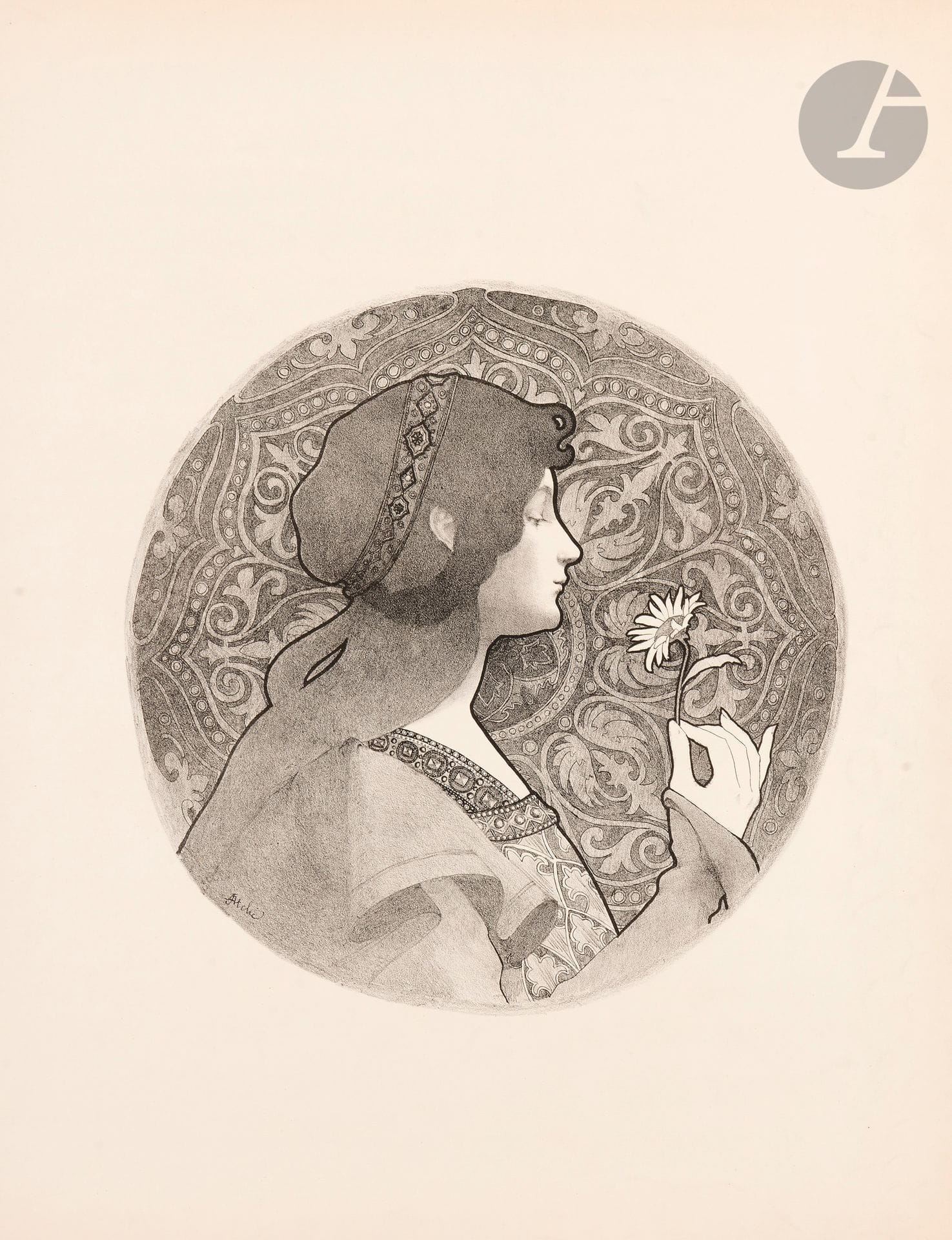 Jane ATCHÉ (1872-1937)
Femme à la fleur
Chromolithographie. Non entoilée.
Sans imp. 
Signée en bas à droite. Numerotée 22/30.
De toute rareté. Bon état.
65 x 45 cm

Bibliographie  : 
Claudine Dhotel-Velliet, Jeanne Atché, Édition Le Pont du Nord, 2009, p. 140, n° 10-a.

L’image est répertoriée sous le n° 10-a, p. 140 et titrée « Jeune fille de profil droit à la marguerite » comme ce qui semble être une œuvre originale aux couleurs vives  : notre lithographie n’est pas répertoriée.