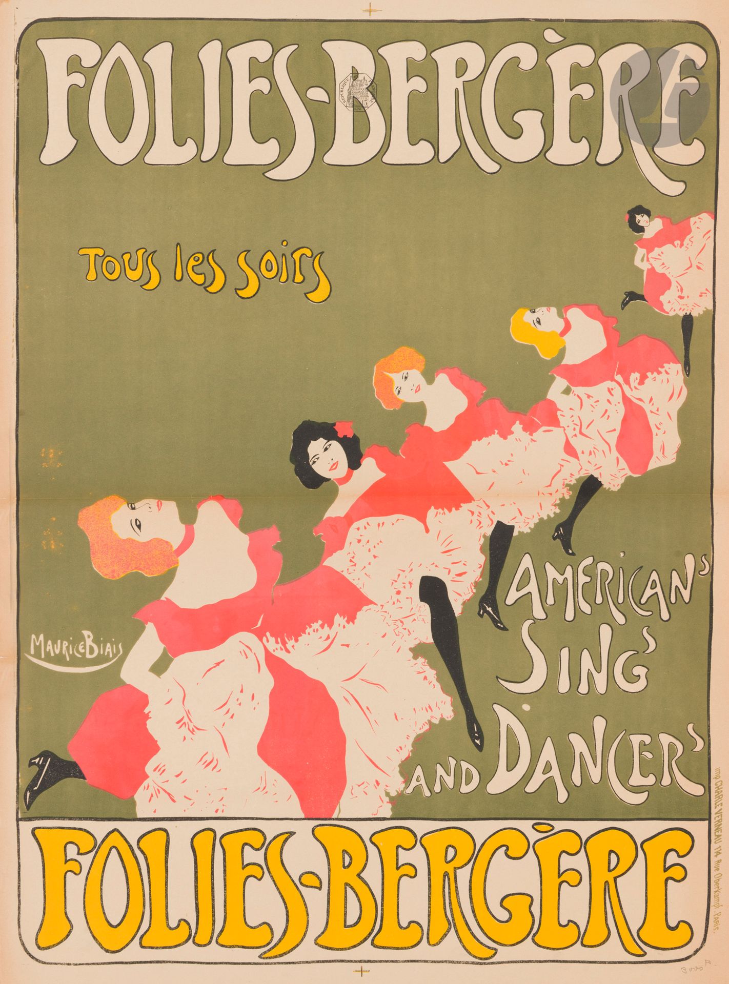 Maurice BIAIS (1872-1926)
Folies-Bergère / Tous les soirs American sing and dancer
Chromolithographie. Non entoilée.
Imp. Charles Verneau, 14 rue Oberkampf, Paris. 
Signée en bas à gauche. 
 Rare variante. Couleurs fraiches. Plis non marqués.
80 x 60 cm

Bibliographie  : 
DFP-II, p. 22, n° 74.