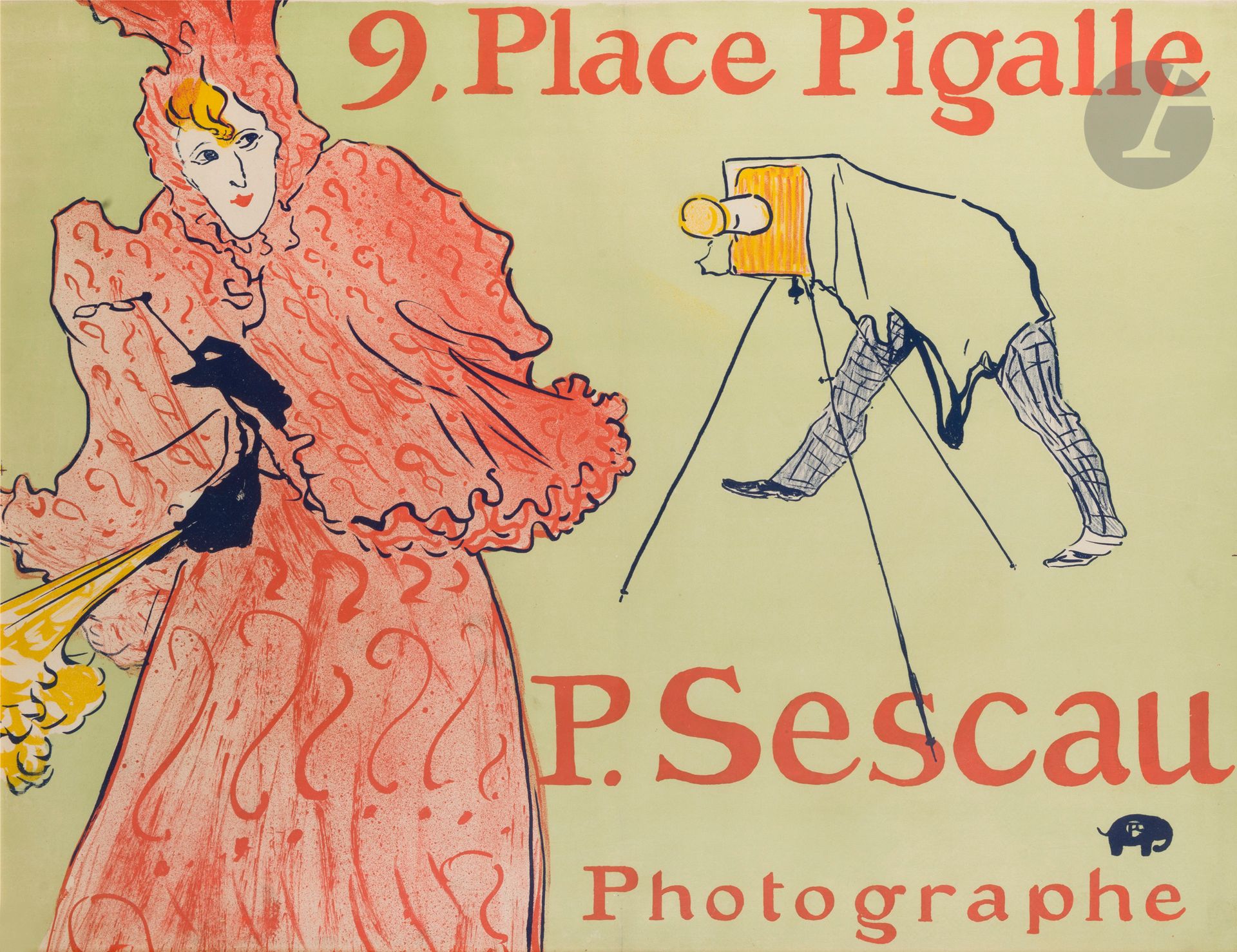 Henri de TOULOUSE-LAUTREC (1864-1901)
Le Photographe Sescau
Chromolithographie.
Sans imp. 
Non signée.
Très rare.
61 x 79,5 cm

Exposition  : 
- Toulouse-Lautrec and the French imprint, Jane Voorhes Zimmerli Art Museum, New Brunswick, avril 2006 - février 2007 (étiquette au dos sur le montage).
- Birmgham (étiquette de transport au dos sur le montage).

Bibliographie  : 
Wittrock, p. 22, n° 800, version sans le masque.

C’est de la publicité confidentielle ! Sescau, bon camarade de Lautrec avait place Pigalle un studio photo qui était en fait surtout un lieu de rendez-vous galants  : ce que nous montre bien Lautrec ! Le photographe est au deuxième plan - c’est la femme au premier plan qui occupe tout l’espace. Il pousse la farce jusqu’à faire deux versions  : dans l’une, la coquine est masquée, dans l’autre (la notre) pas !