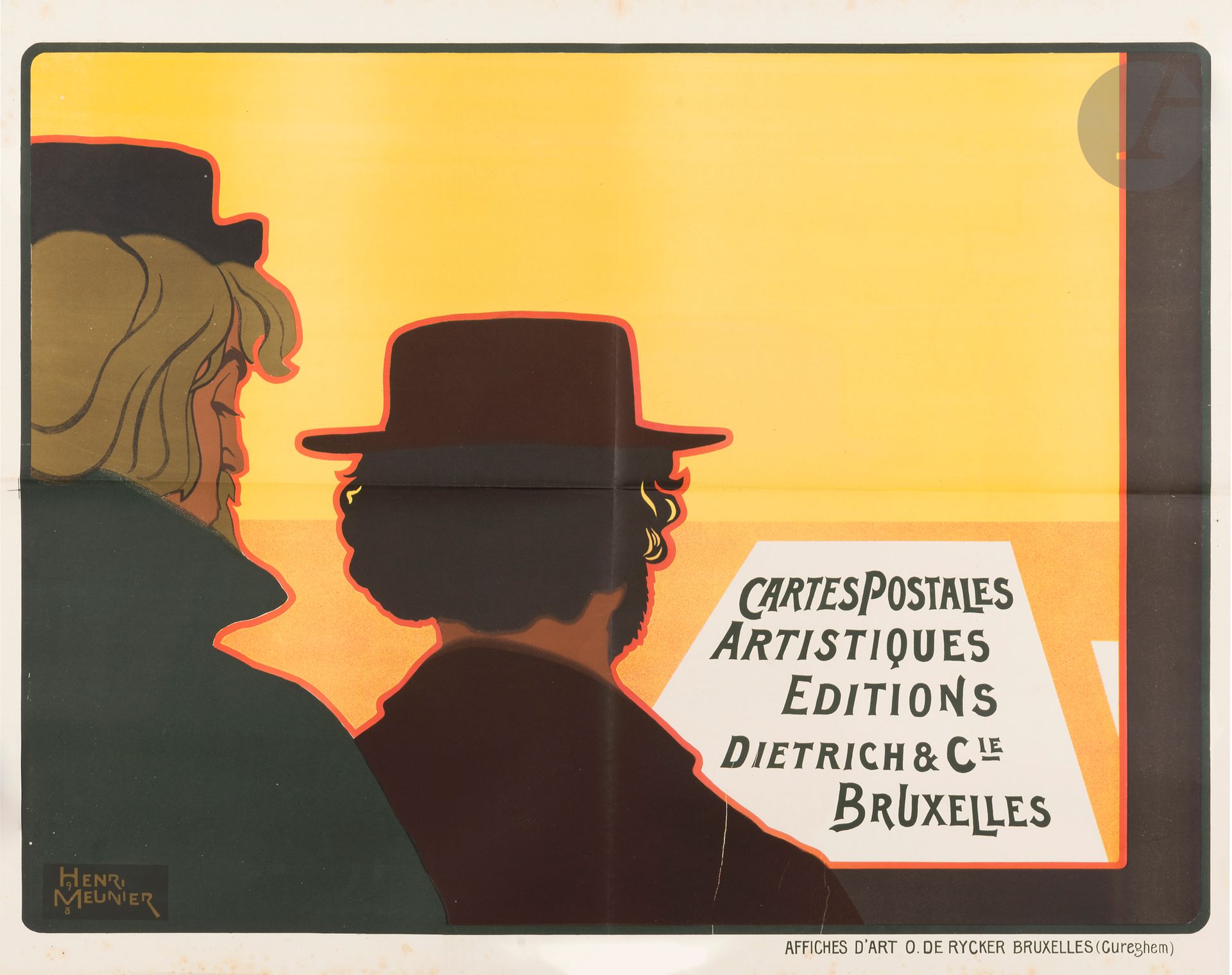 Henri-Georges MEUNIER (1873-1922)
Artistic postcards Editions Dietrich &amp; Cie, Brussels, 1898
Chromolithograph. Not canvas-backed.
Affiches d'art O. de Rycker, Brussels. 
Signed lower left. 
Mint condition.
75 x 98 cm

Bibliography: 
- L'Affiche belge 1900, p. 80, no. 111.
- L'Affiche en Belgique, p. 35, no. 38. 
- L'Affiche au temps de l'art nouveau, p. 168.

A masterpiece of Art Nouveau poster art.