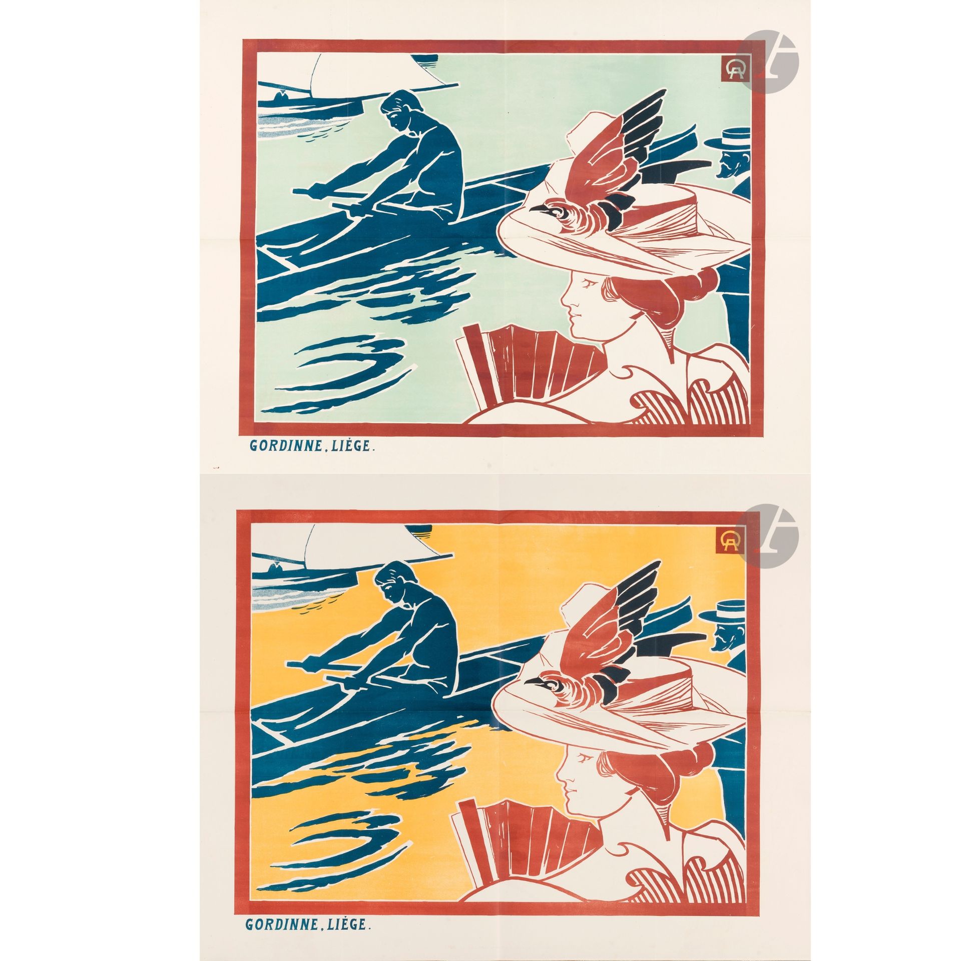 Auguste DONNAY (1862-1921)
Société royale du sport nautique de la House, 1895. Avant la lettre – état final et sans le jaune.
2 chromolithographies. Non entoilées.
Imp. Gordinne, Liège.
Monogrammées en haut à droite.
Superbe état. Couleurs éclatantes.
72 x 90 cm chacune

Bibliographie  : 
- L’Affichomanie, n° 145.
- Affiches de la Belle époque (Affiches Belle époque  : keuze uit de verzamelingen van het Museum Vleeshuis) - Catalogue de l’exposition au Museum Vleeshuis d’Anvers (11 juillet - 26 août 1979), Stad Antwerpen, Anvers, 1979. Notre affiche reproduite sous le n° 32.