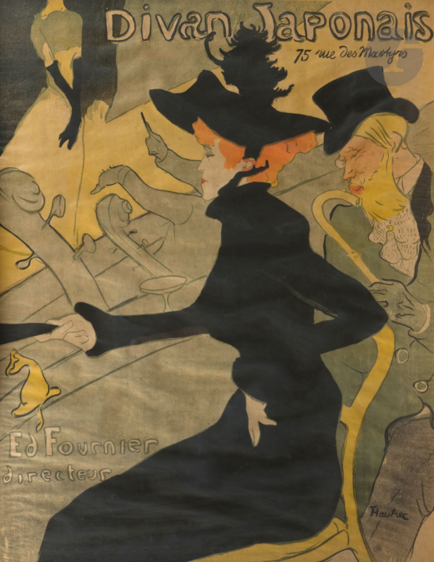 Henri de TOULOUSE-LAUTREC (1864-1901)
Divan Japonais, 1893
Chromolithographie.
Imp. Edw. Ancourt, Paris. 
Signée en bas à droite.
78 x 60,5 cm

Exposition  : 
Toulouse-Lautrec and the French imprint, Jane Voorhes Zimmerli Art Museum, New Brunswick, avril 2006 - février 2007 (étiquette au dos sur le montage).- Birmgham (étiquette de transport au dos sur le montage).

Bibliographie  : 
Wittrock, p. 11, n° 776. 

Commissioned by E. Fournier propriétaire.
Wolfgang Wittrock met en garde contre les retirages. Notre exemplaire est, bien sûr, l’original.