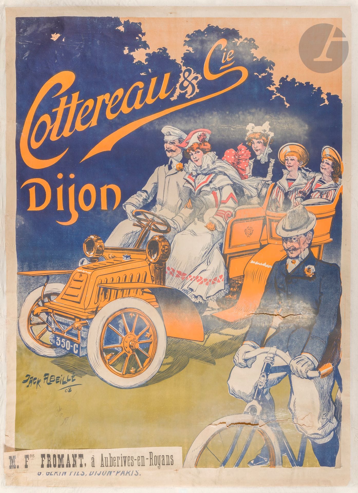 Jack ABEILLÉ (1873-1939)
Automobiles Cottereau & Cie, 1902
Chromolithographie. Entoilée.
Signée en bas à gauche
Imp. Gerin Fils, Dijon-Paris.
Signée en bas à gauche.
Entoilage ancien. Assez bon état. Taches d’humidité. Bandeau d’un concessionnaire.
156 x 114 cm
