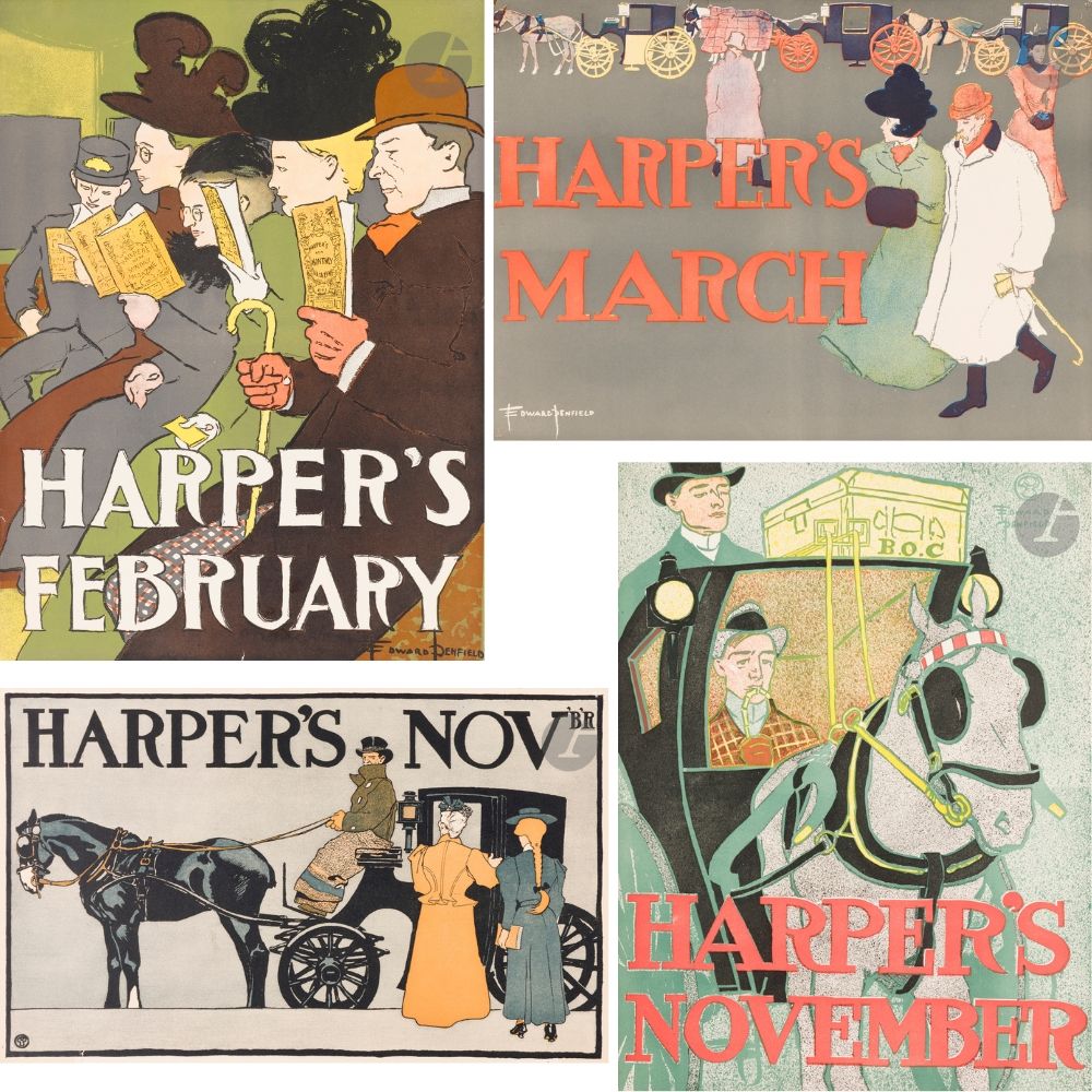 Edward PENFIELD (1866-1925)
Harper’s February, 1893 - Harper’s Novembre, 1896 - Harper’s March, 1897 - Harper’s Nov, 1898 
4 chromolithographies.
Imp. Harper & Brothers, New York. 
Signées.
48,5 x 35,5 cm - 45,5 x 34,5 cm - 35,5 x 48 cm - 29,5 x 47,5 cm

Bibliographie  : 
- DFP-I, p. 98, n° 375 ; p. 94, n° 362 ; p. 98, n° 375 et p. 102, n° 396.
- MET, p. 154, n° 193 ; p. 160, n° 216 ; p. 154, n° 194 et p. 160, n° 216.