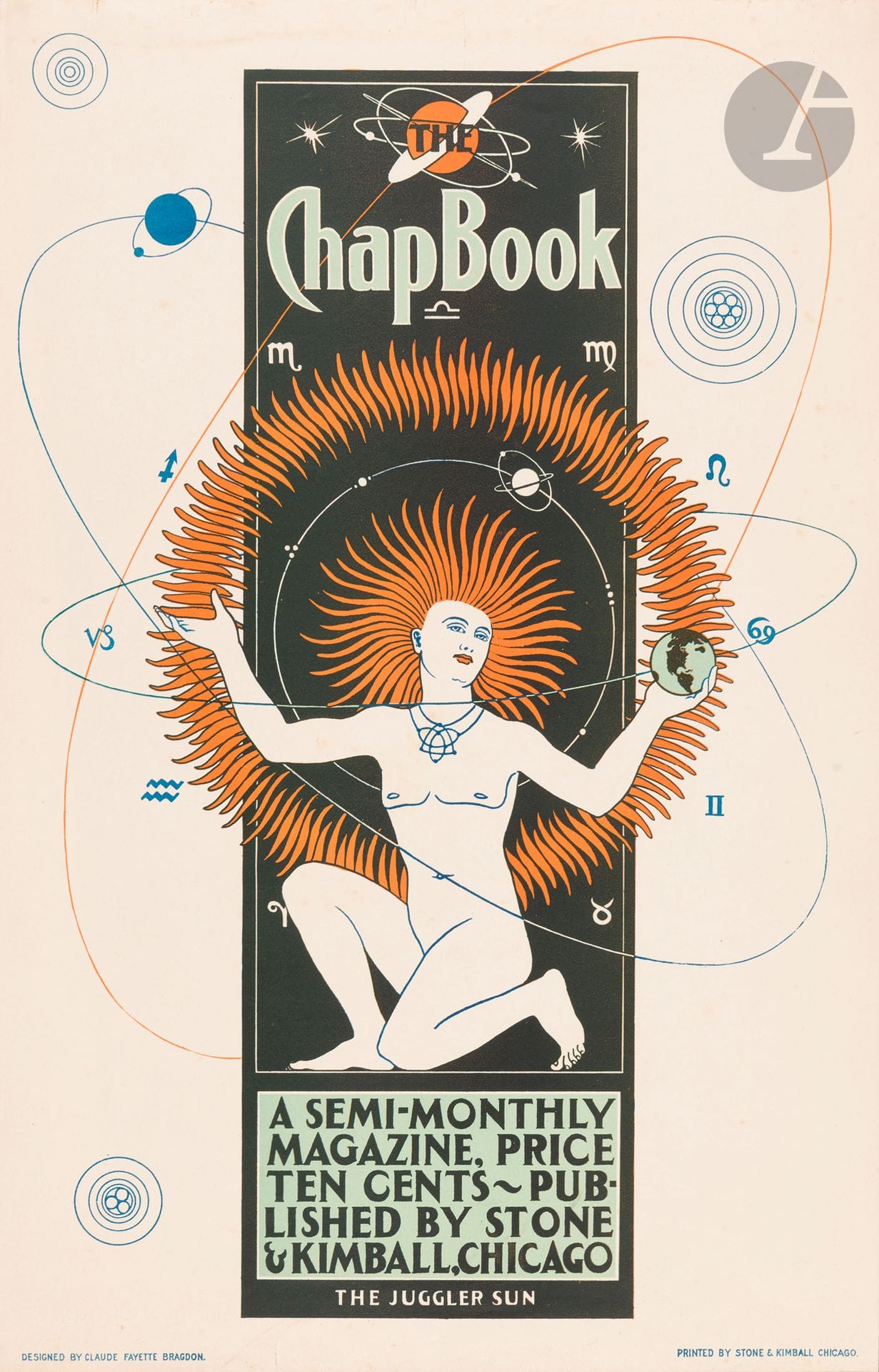 Claude FAYETTE-BRAGDON (1866-1946)
The Chap Book, before 1896
Chromolithograph. Uncoated.
Imp. Stone &amp; Kimbell, Chigaco.
Signed lower left.
Good condition.
54 x 34 cm

Bibliography : 
DFP-I, p. 52, no. 184.