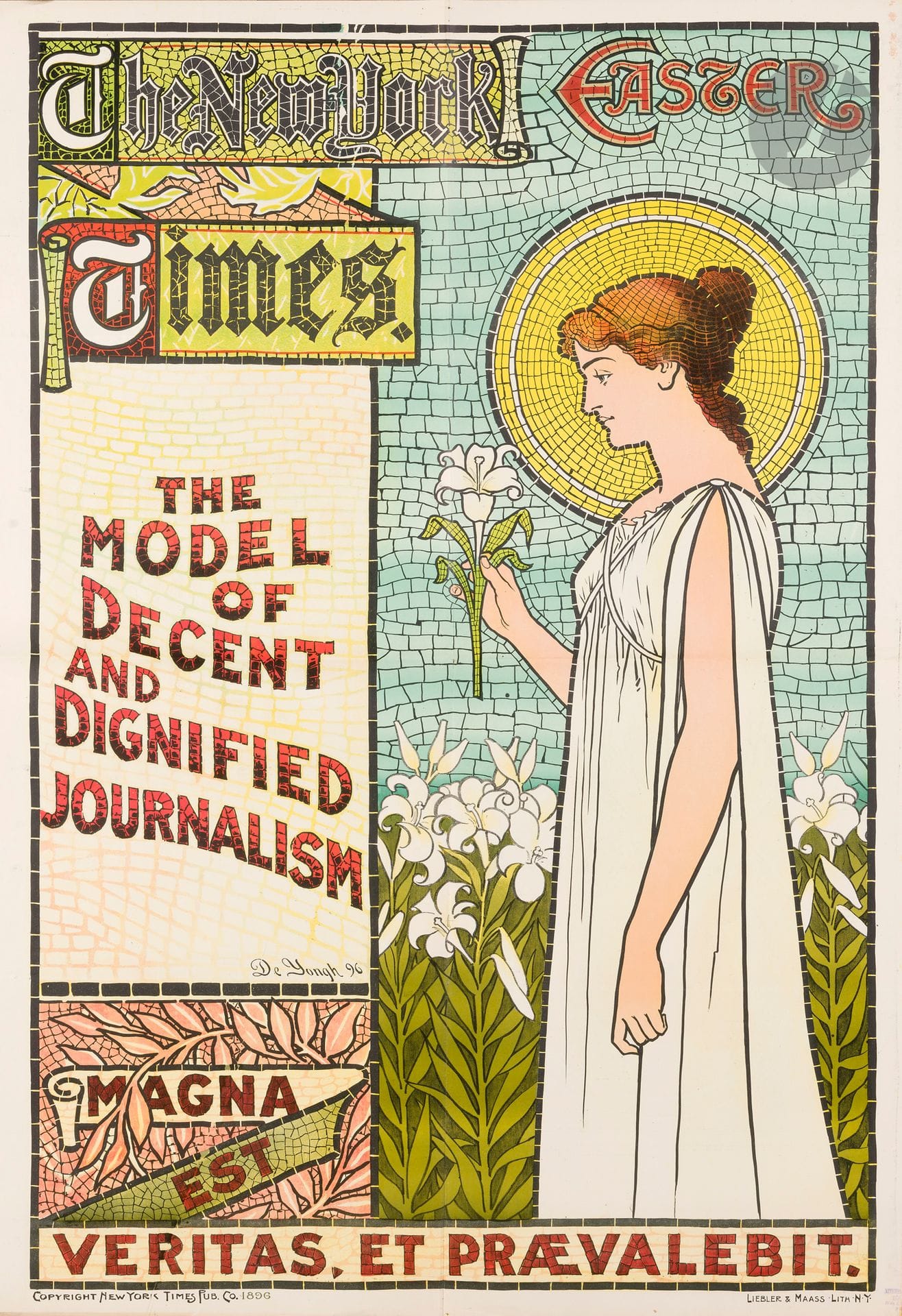 John DE YONGHE (1856-1917)
The New York Times / The Model of Decent and Dignified Journalism, 1896
Imp. Liebler & Maas Lith, New York.
Signée en bas à gauche. 
Très rare. Parfait état.
111 x 82 cm

Il fit une autre affiche pour le New York Times en 1896.