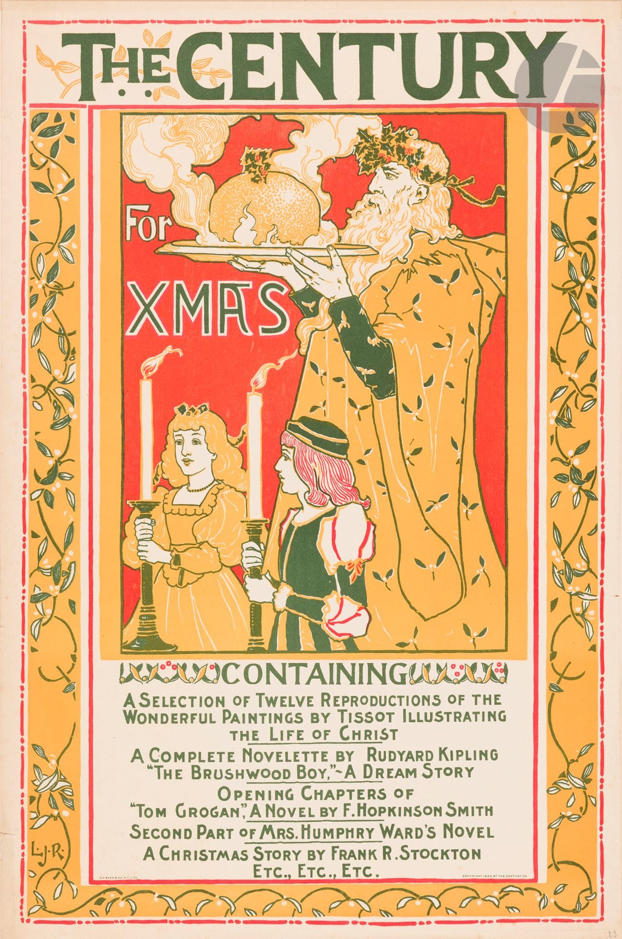 Louis John RHEAD (1857-1926)
The Century, For Xmas, 1895
Chromolithographie. Non entoilée.
Signée du monogramme bas à gauche.
Bon état.
54,5 x 32,5 cm

On joint  : 
Louis John RHEAD (1857-1926)
The Century, Christmas number, 1894
Chromolithographie. Non entoilée.
Signée en bas à droite.
Bon état. Très belles couleurs.
50 x 38 cm

Bibliographie  :
DFP-I, p. 112, n° 437.