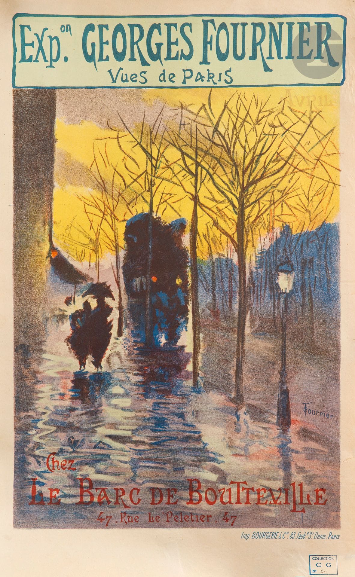 Georges FOURNIER (XXe siècle)
Exposition Georges Fournier, Vues de Paris, 1897
Chromolithographie. Non entoilée.
Imp. Bourgerie, Paris. 
Signée en bas à droite.
62 x 39 cm

Provenance  : 
Collection Charles Joseph Guillemain, son cachet en bas à droite n°84 (Lugt 4766).

Bibliographie  : 
DFP-II, p. 102, n° 366.