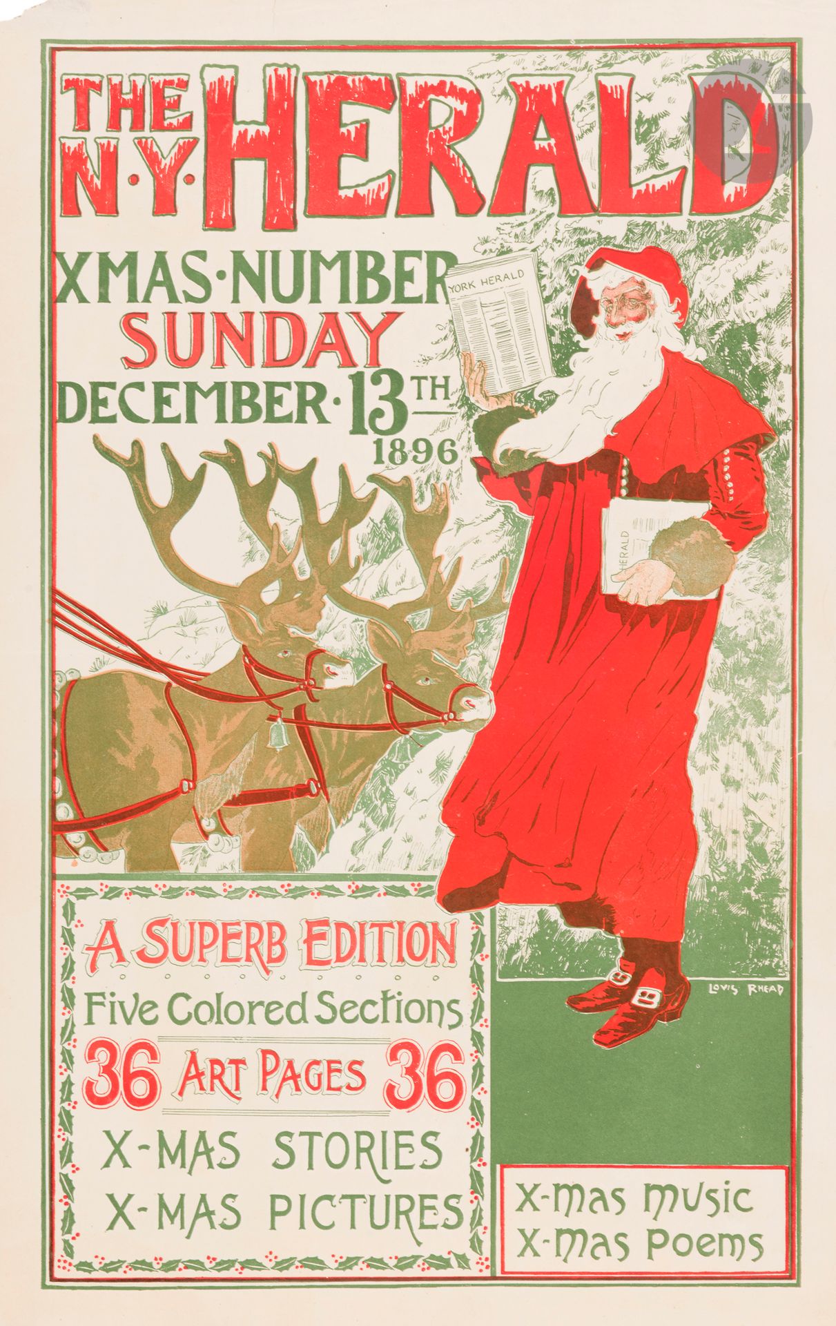 Louis John RHEAD (1857-1926)
The N.Y. Herald XMas Number, December 13, 1896
Chromolithograph. Uncoated
Signed lower right.
Rare. Good condition. Margin defects.
56.5 x 35.5 cm