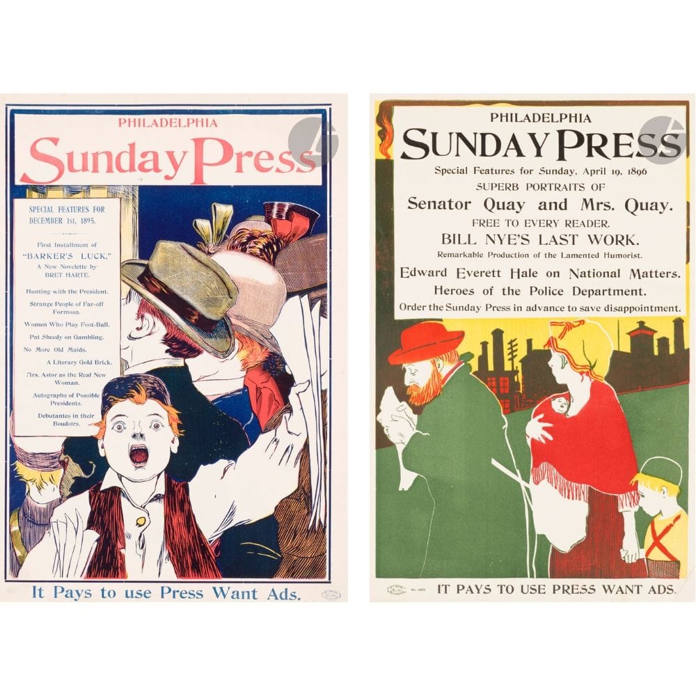 George Reiter BRILL (1867-1918)
Philadelphia Sunday Press, 1er décembre 1895 et 17 avril 1896
2 chromolithographies. Non entoilées.
Imp. H. I. Ireland, Philadelphia.
Non signées. 
56 x 40 cm chacune