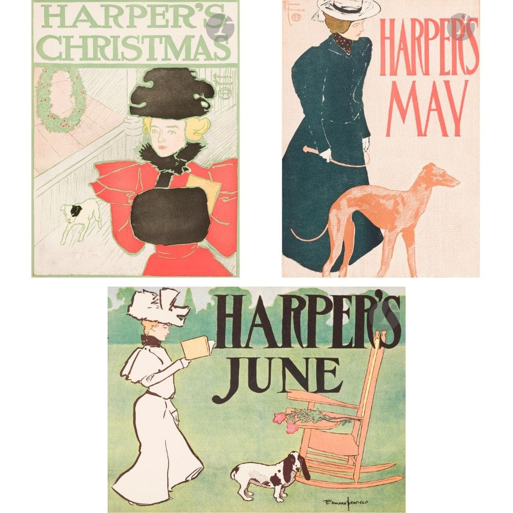 Edward PENFIELD (1866-1925)
Harper’s Christmas, 1896 - Harper’s May, 197 - Harper’s June, 1897
3 chromolithographies. 
Imp. Harper & Brothers, New York. 
Signées.
44 x 32,5 cm - 47 x 33,5 cm - 36,5 x 47,5 cm

Bibliographie  : 
- DFP-I, p. 94, n° 363 ; p. 98, n° 379 et 378.
- MET, p. 151, n° 187 ; p. 155, n° 196 et 197.