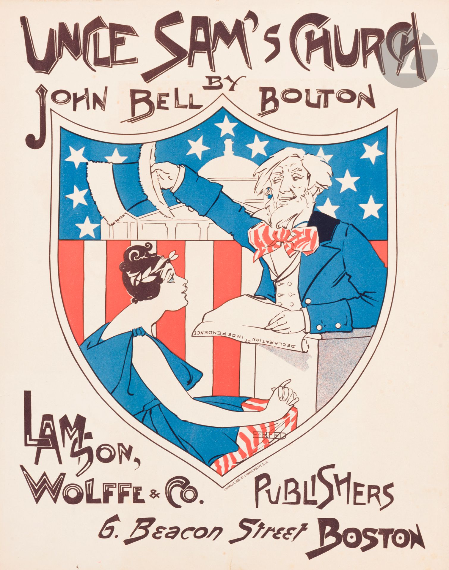 Ethel REED (1874-1912)
Uncle Sam’s Church / Lamson Wolff & Co., 1895
Chromolithographie. Non entoilée.
Imp. Lamson Wolff & Co., Boston. 
Signée en pied.
48 x 38 cm

Bibliographie  : 
- DFP-I, p. 110, n° 123.
- MET, p. 165, n° 233.