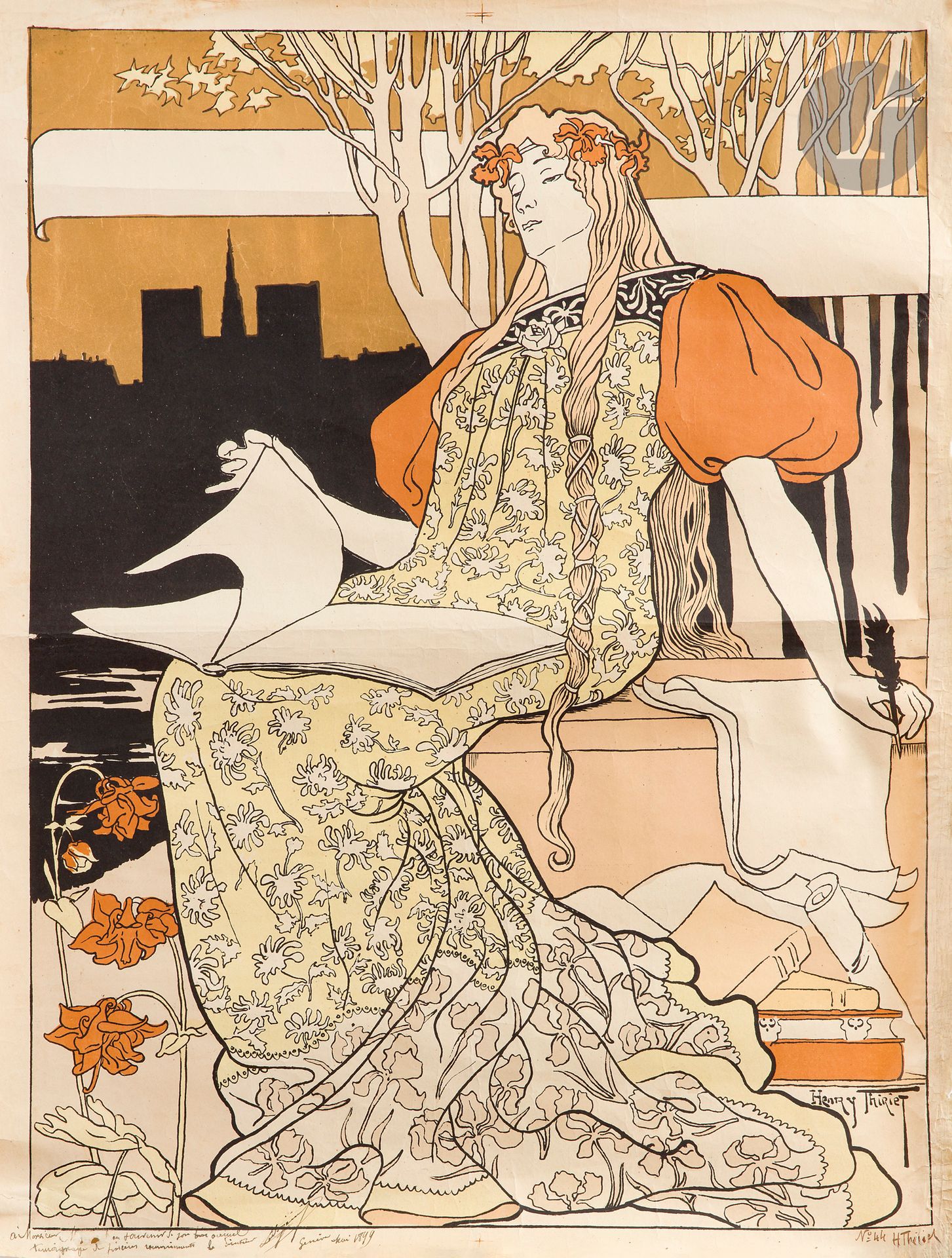Henri THIRIET (1873-1946)
L’Affiche française - Avant la lettre.
Chromolithographie. Non entoilée.
Signée en bas à gauche. 
Dédicacée en bas à droite.
Sans imp. 
Bel état.
64,5 x 50 cm

Bibliographie  : 
- DFP-II, p. 234, n° 814.
- L’Affichomanie, n° 44.