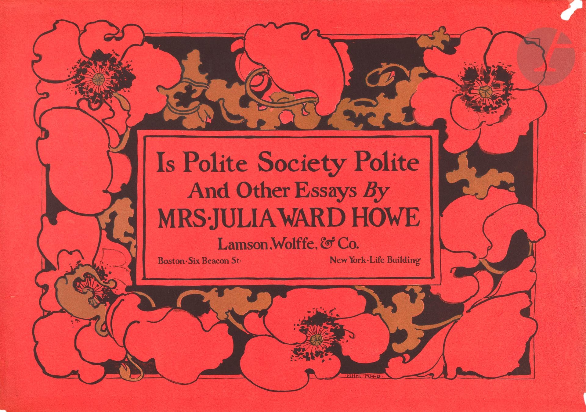 Ethel REED (1874-1912)
Is Polite Society Polite and Other Essays by Mrs. Julia Ward Howe / Lamson Wolffe & Co., 1895
Chromolithographie. Non entoilée.
Imp. Lamson Wolffe & Co., Boston.
Signée en bas à droite.
Bon état. Petites déchirures n’affectant pas l’image.
45 x 63 cm

Bibliographie  : 
- DFP-I, p. 110, n° 422.
- MET, p. 167, n° 240.