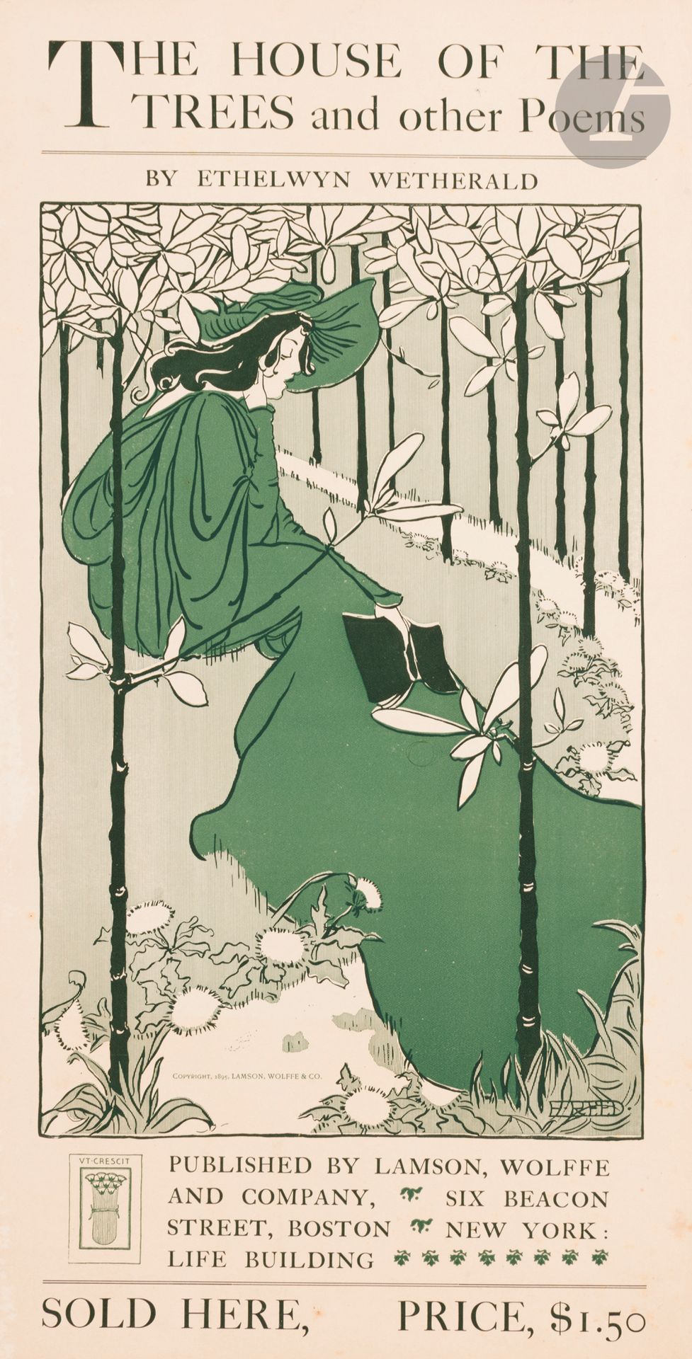 Ethel REED (1874-1912)
The House of the Trees and Other Poems by Ethelwyn Wetherald / Lamson Wolffe & Co., 1895
Chromolithographie. Non entoilée.
Imp. Lamson, Wolff & co.
Signée en bas à droite.
46 x 23,5 cm

Bibliographie  : 
- DFP-I, p. 108, n° 419.
- MET, p. 166, n° 237.