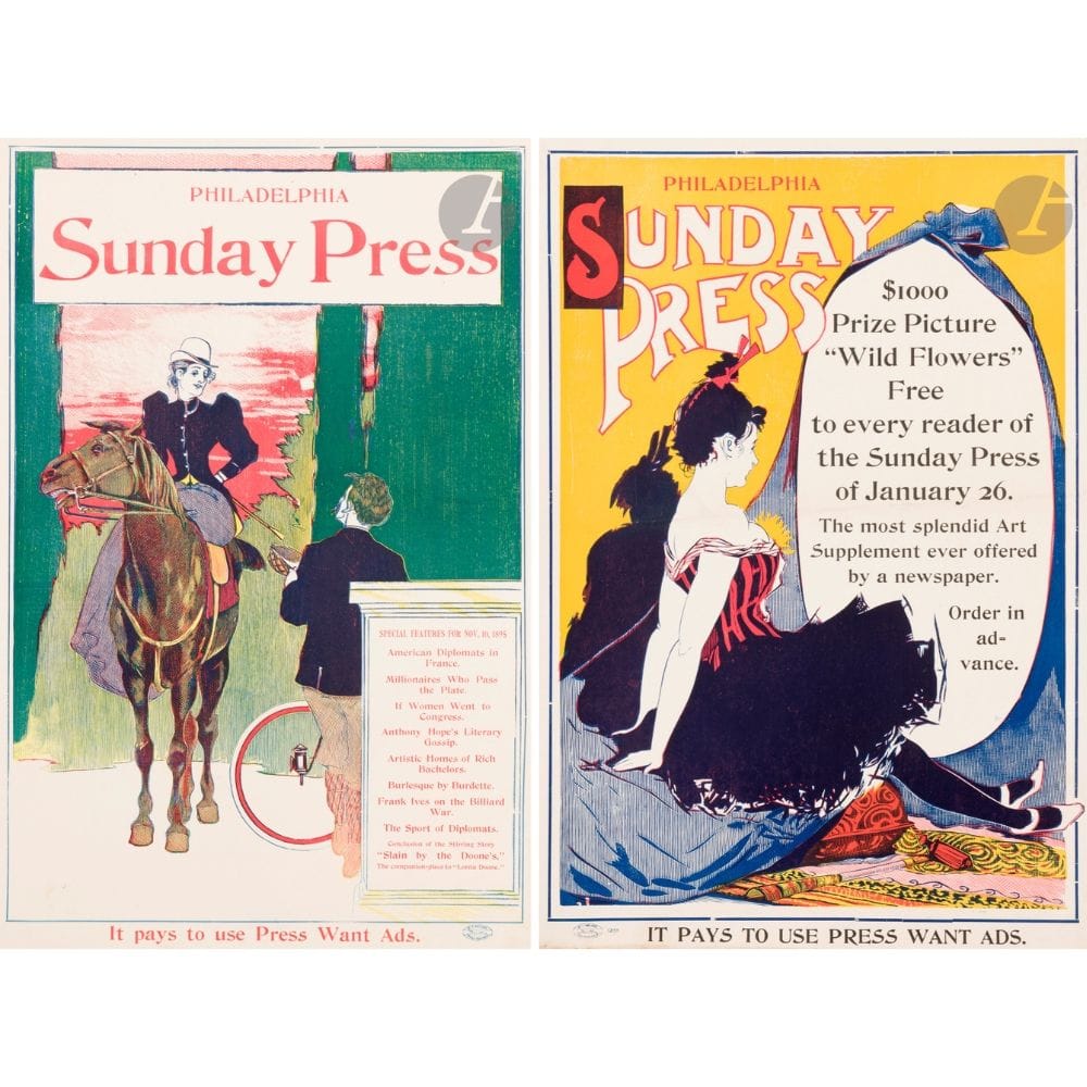 George Reiter BRILL (1867-1918)
Philadelphia Sunday Press, 1895 et 26 janvier 1896
2 chromolithographies. Non entoilées.
Imp. H. I. Ireland, Philadelphia.
Non signées. 
56 x 39 cm chacune