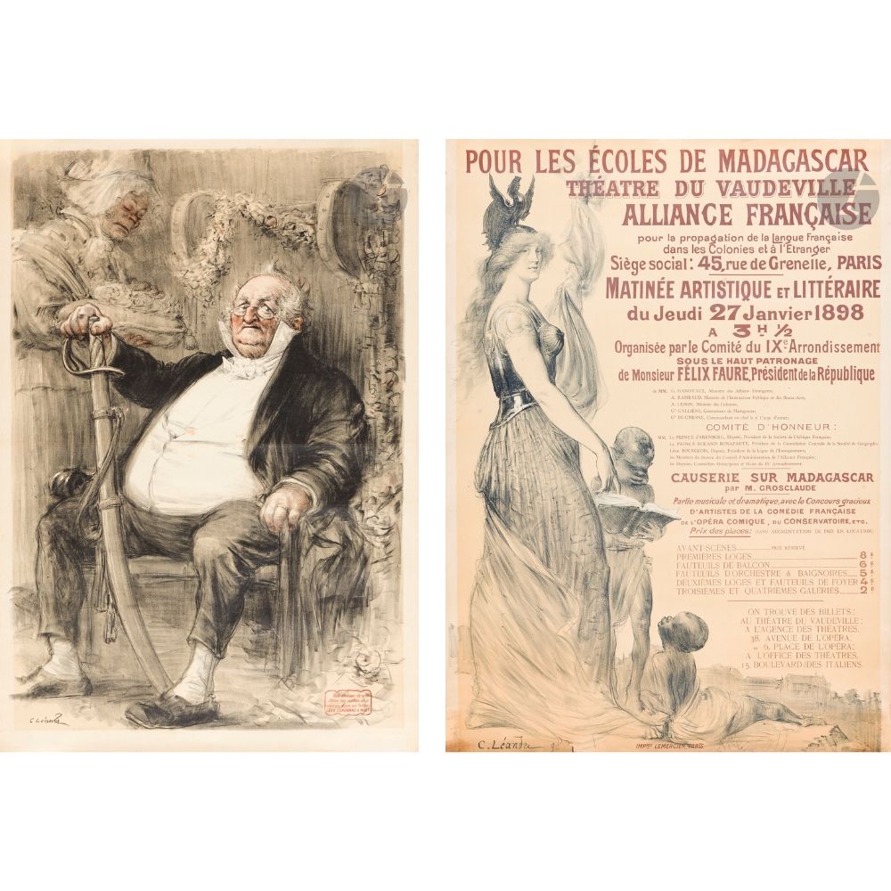 Charles LÉANDRE (1862-1934)
Portrait de Monsieur Prudhomme, 1904
Chromolithographie. Non entoilée.
Sans imp.
Signée en bas à gauche. 
94 x 64 cm

Bibliographie  : 
DFP-II, p. 142, n° 502. 

Cette image servit, assortie du texte à sa droite pour la Fête Henri Monnier au Casino de Paris le 1er juin 1904.

On joint  : 
Charles LÉANDRE (1862-1934)
Pour les écoles de Madagascar - Théâtre du Vaudeville, 1898
Chromolithographie. Non entoilée.
Imp. Lemercier, Paris.
Signée en bas à gauche.
Bon état.
130 x 95 cm

Bibliographie  : 
DFP-II, p. 140, n° 497.