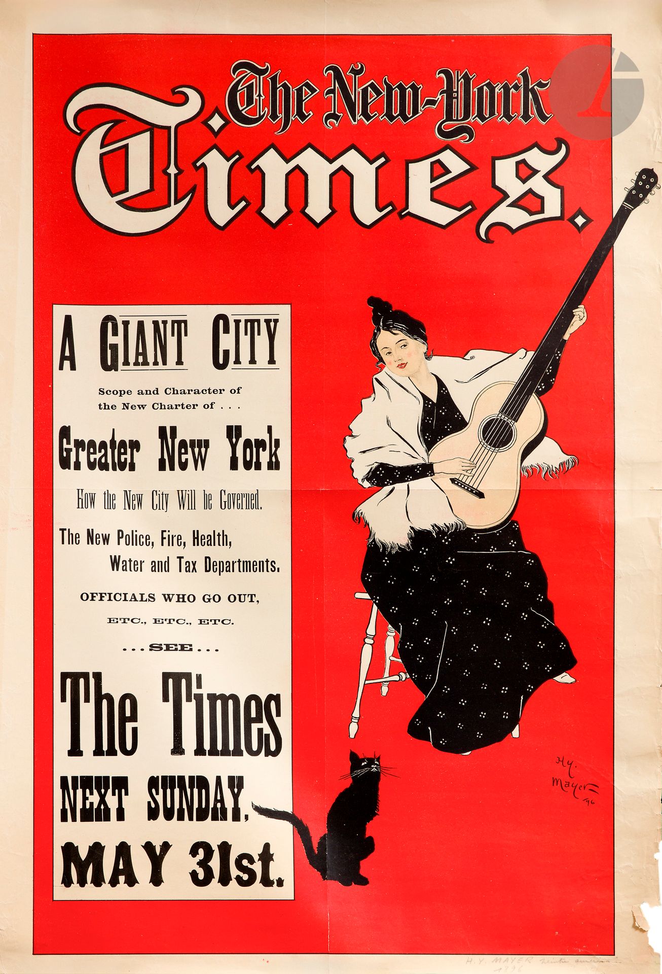 Henry MAYER (1868-1954)
The New York Times / A Giant City, 1896
Chromolithographie. Non entoilée.
Signée et datée en bas à droite.
Assez bon état. Déchirure au pli médian en bas. Plis médians.
72 x 48 cm