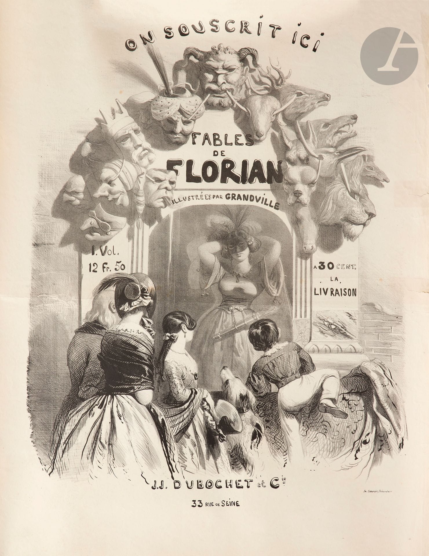 Jean Ignace Isidore GRANDVILLE (1803-1847)
Fables de Florian, 1842
Lithographie. Non entoilée.
Imp. Lemercier, Bernard et cie, Paris.
Assez bon état.
72 x 54 cm

Bibliographie  : 
- Catalogue Sagot, n° 216.
- Maindron, Les Affiches illustrées, 1886-1895,  Librairie artistique G. Boudet, Paris, 1897, p. 86.

Sagot la vend le prix astronomique de 50 francs !