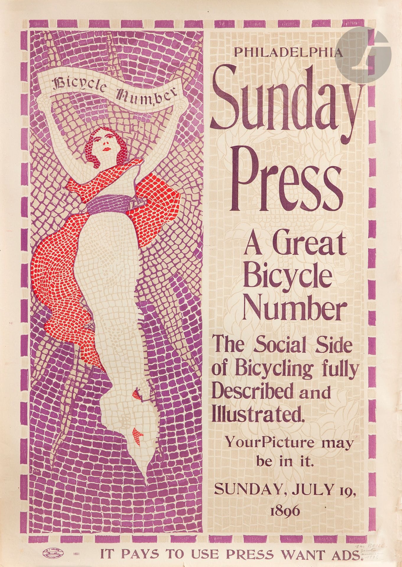 George Reiter BRILL (1867-1918)
Sunday Press, 19 juillet 1896
Chromolithographie. Non entoilée.
Cachet en bas à gauche.
56 x 39,5 cm
