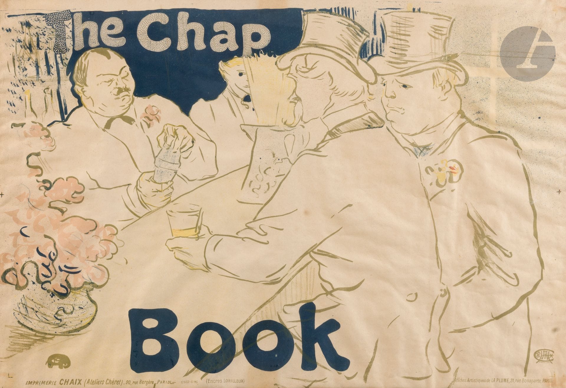 Henri de TOULOUSE-LAUTREC (1864-1901)
The Chap Book, 1895-96
Chromolithographie.
Imp. Chaix, Atelier Chéret, 20 rue Bergère, Paris. Affiches artistiques de La Plume, Paris.
Encadrée. Rousseurs. Insolée.
39,5 x 58 cm

Autre variante, sans le calendrier cette fois !

Exposition  : 
- Bistrot ! De Baudelaire à Picasso, Galerie Documents, Paris, n° 108 (étiquette au dos sur le montage). 
- Birmingham (étiquette de transport au dos sur le montage). 
- Toulouse-Lautrec and the French imprint, Janes Voorhees Zimmerli Art Museum, exposition en avril 2006 - février 2007 (étiquette au dos sur le montage).

Bibliographie  : 
Wittrock, p. 18, n° 790.

Printed by Chaix, commissioned by The Chap Book, Chicago, distributed by La Plume, Paris. Un bel exemplaire de la distribution des rôles en pleine affichomanie.

C’est en fait ce qu’on appelle aujourd’hui un « poster ». L’affiche ne fut en effet jamais utilisée pour faire la publicité du Chap Book en Amérique ! En revanche, elle fut vendue aux collectionneurs par La Plume  : le Chap Book faisait en fait ce qu’en publicité on appelle aujourd’hui du « Branding » (diffuser le nom de la marque) et Deschamps enrichissait son catalogue.