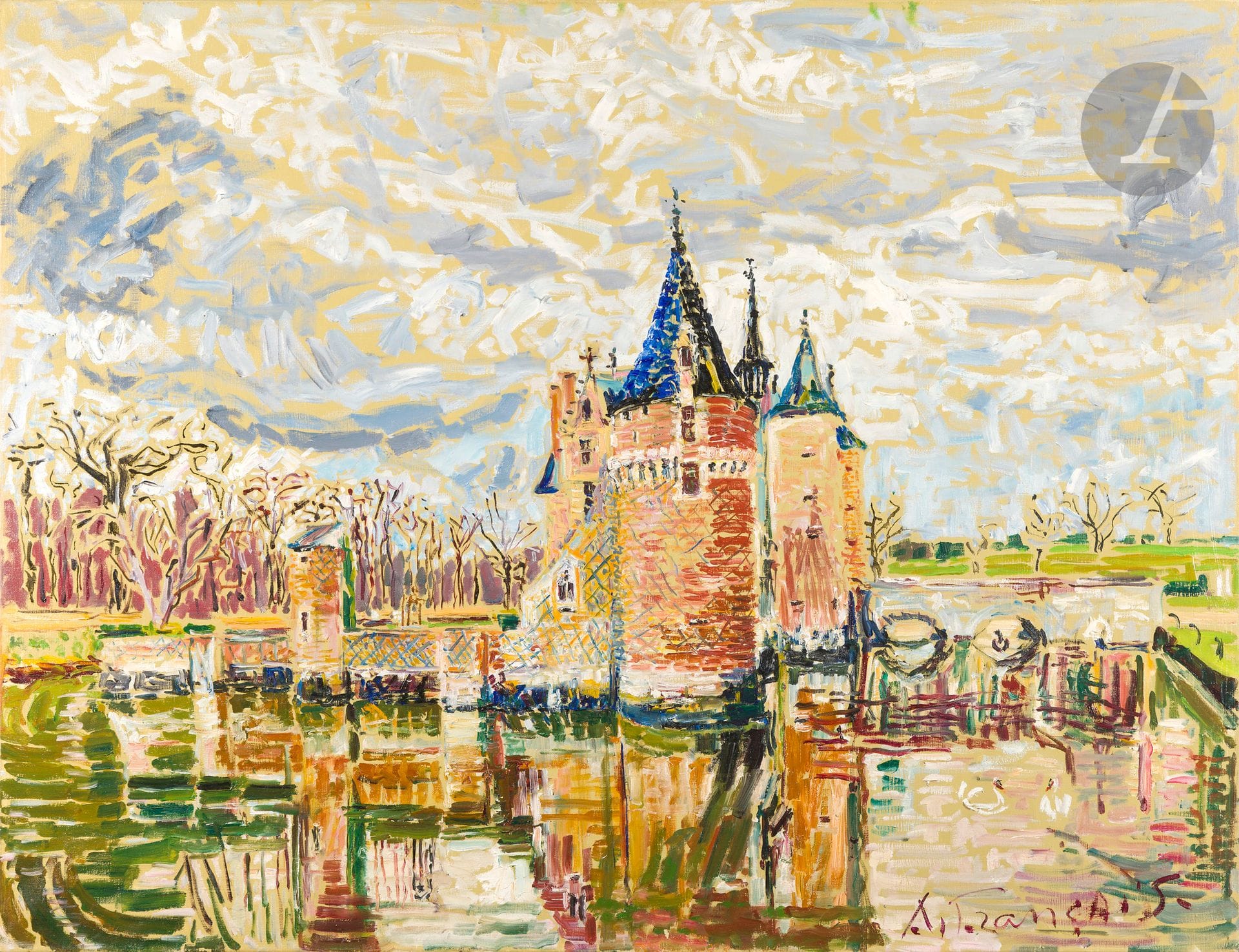 Anne FRANÇAIS (1909-1995)
Le Château du moulin
Huile sur toile.
Signée en bas à droite.
Signée et titrée au dos.
89 x 116 cm
