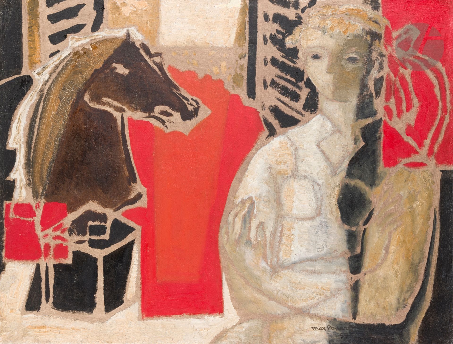 Max PAPART (1911-1994)
Jeune fille au cheval, 1957
Huile sur toile.
Signée en bas à droite.
Signée, datée et titrée au dos.
73 x 92 cm