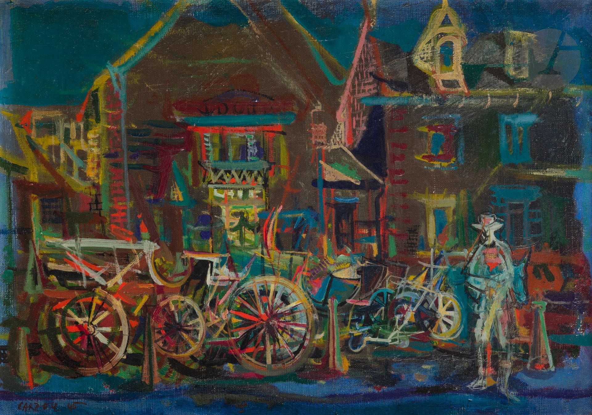 Jean CARZOU (1907-2000)
Homme aux calèches, 1945
Huile sur toile.
Signée et datée en bas à gauche.
33 x 46 cm