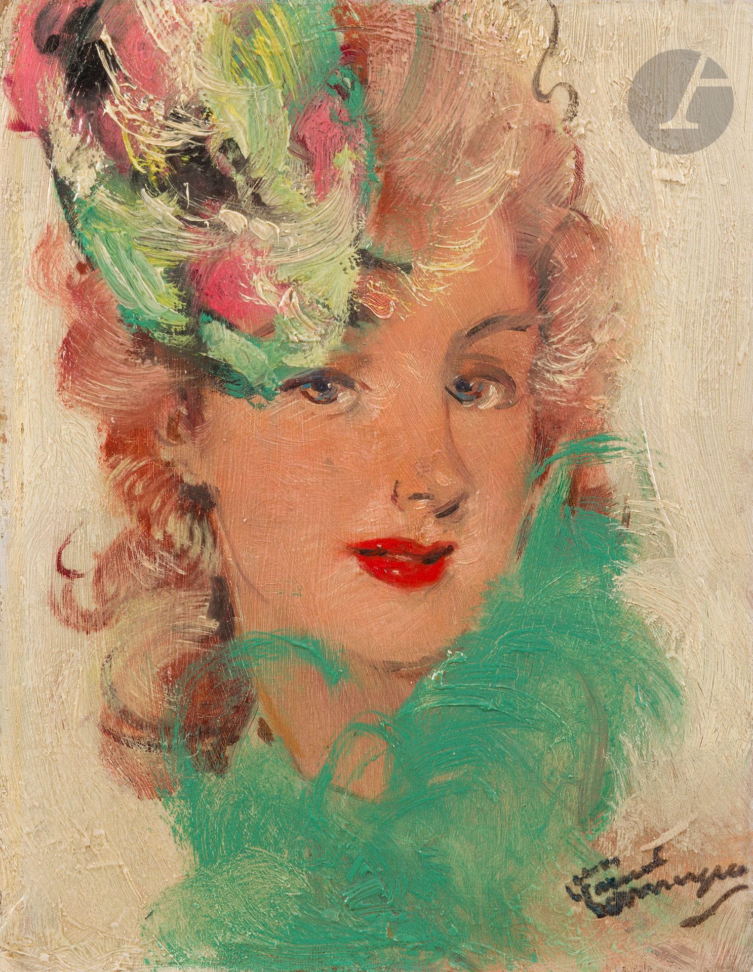 Jean-Gabriel DOMERGUE (1889-1962)*
Georgina
Huile sur panneau.
Signée en bas à droite.
Titrée au dos.
24 x 18.5 cm

Provenance : 
Galerie Aktuaryus, Strasbourg (étiquette au dos).