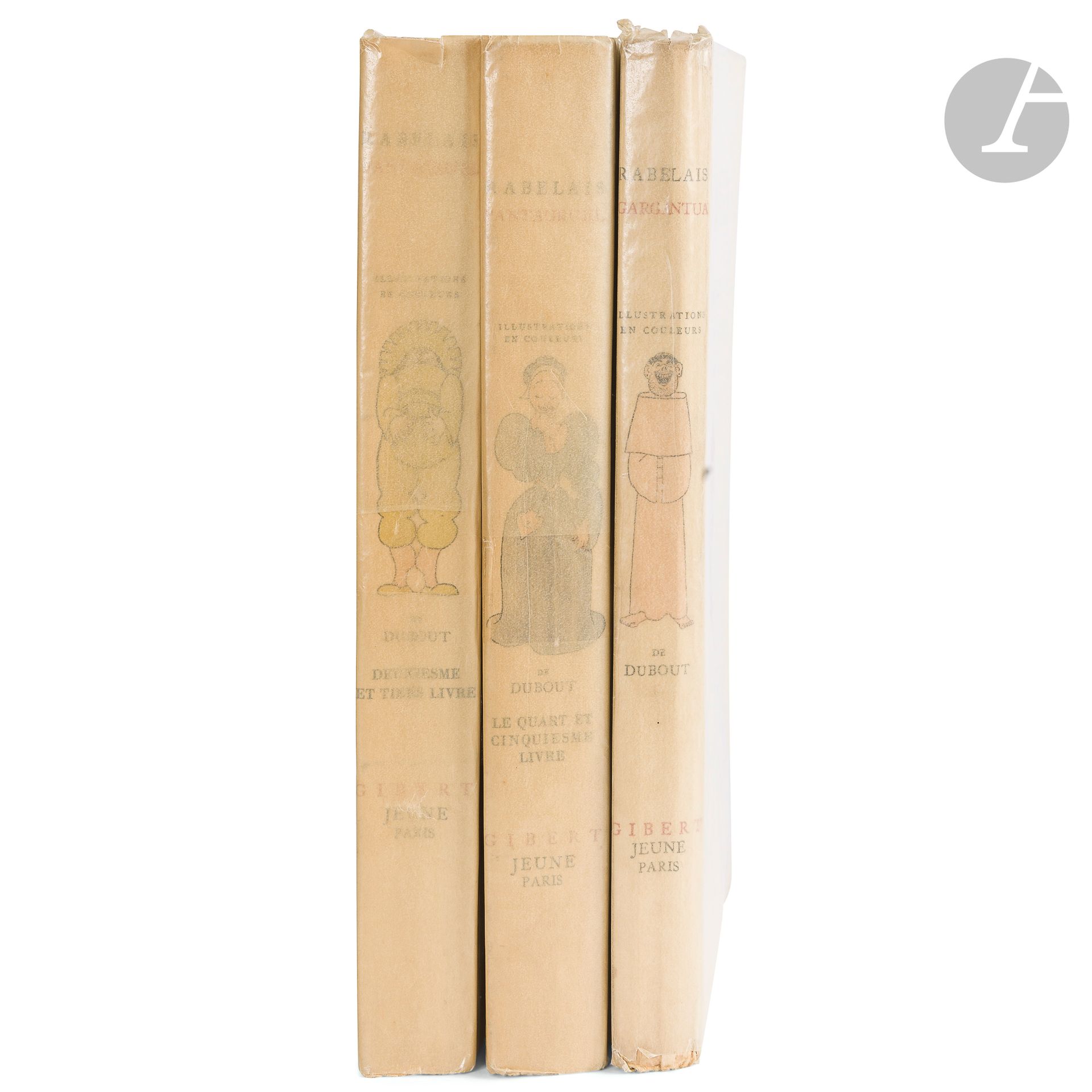 [François RABELAIS]. Gargantua, Pantagruel.
En trois volumes, Éditeur, Gibert Jeune Librairie d’Amateur, Paris, 1935, 1936 et 1937.
L’un des 3000 exemplaires numérotés sur vélin, illustré de compositions d’Albert Dubout,celui-ci numérotée 14, sous couverture souple. 26,5 x 20,5 cm
