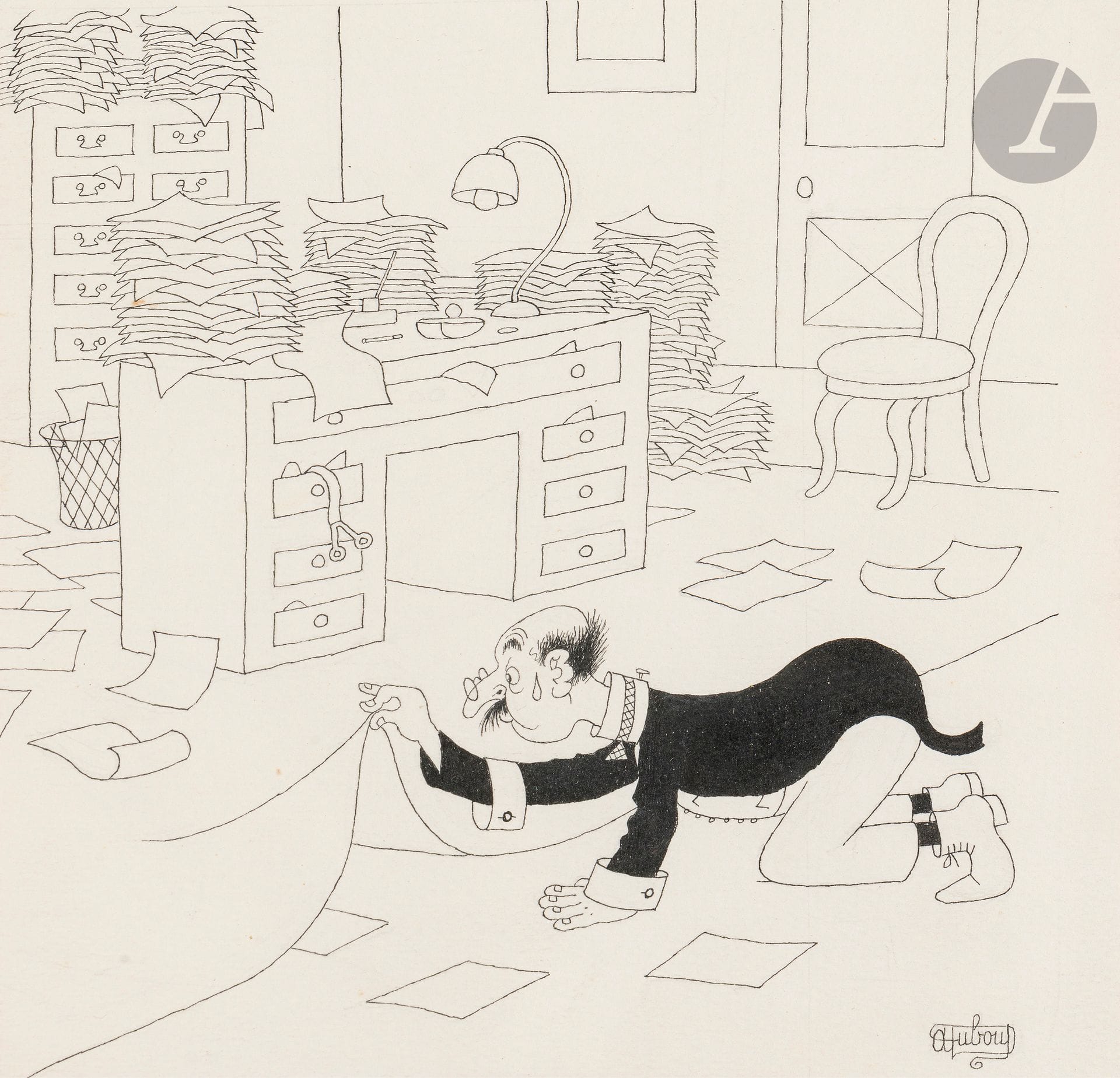 Albert DUBOUT (1905-1976) 
Ah ! la voilà ! ..., 1948
Encre de Chine.
Signée en bas à droite.
23 x 18 cm
(Encadrée).