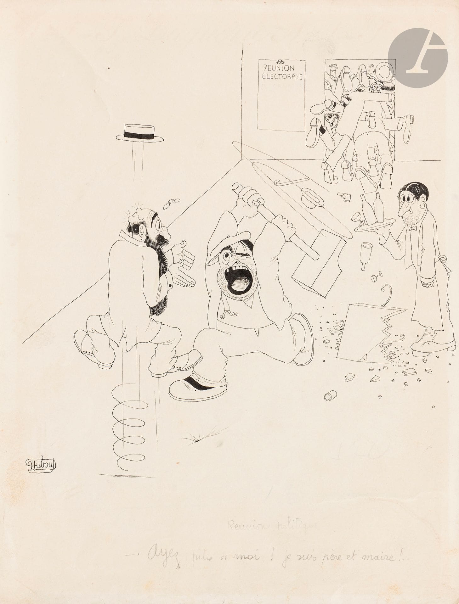 Albert DUBOUT (1905-1976)
Réunion politique - Ayez pitié de moi ! Je suis père et maire ! ...
Encre de Chine.
Signée en bas à gauche et légendée en pied. 
32,5 x 25 cm

Publiée dansLe Journal amusantdu 3 août 1929. 

Bibliographie :Dubout,tome 1, p. 257, réf. 1118.