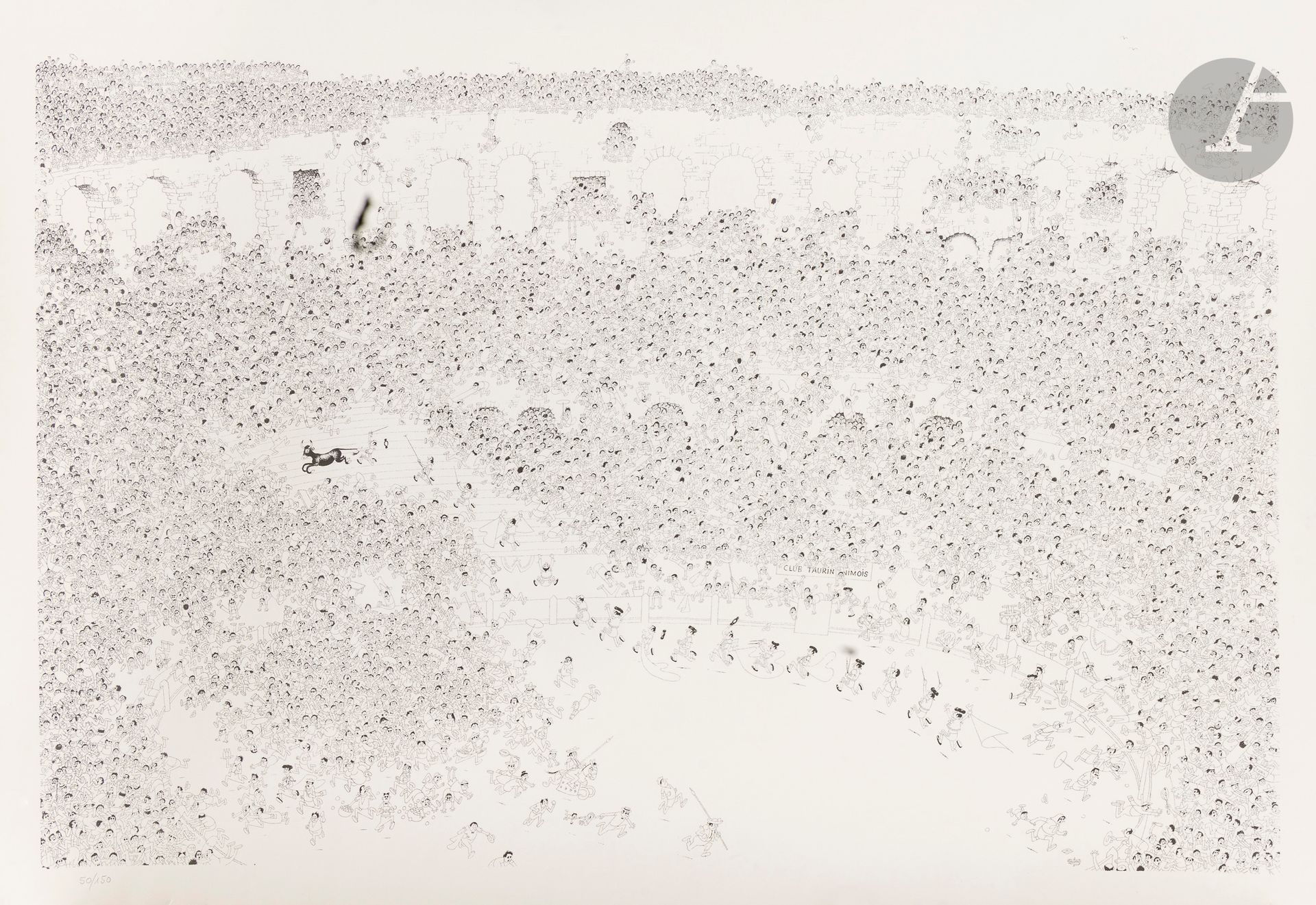Albert DUBOUT (1905-1976) 
Club Taurin Nîmois
Silkscreen in black. 
Signed in the plate lower right and numbered 50/150 lower left.
 78 x 112 cm