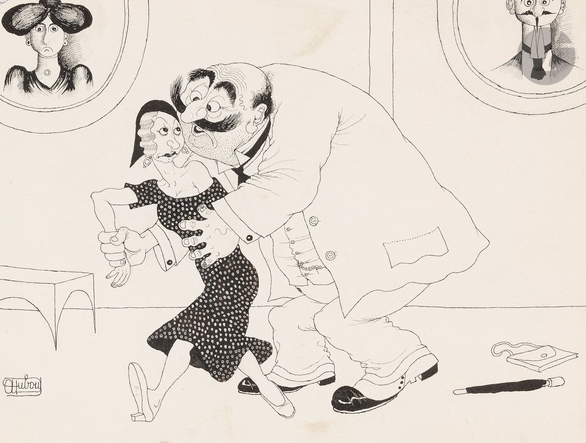 Albert DUBOUT (1905-1976) 
…Et si vous vouliez, Germaine. Je serais votre petit Gaston…
Encre de Chine.
Signée en bas à gauche et légendée en pied.
24,5 x 31 cm

Publié dansLe Journal amusantdu 18 mai 1930. 

Bibliographie :Dubout,tome 1, p. 313, réf. 1376.
