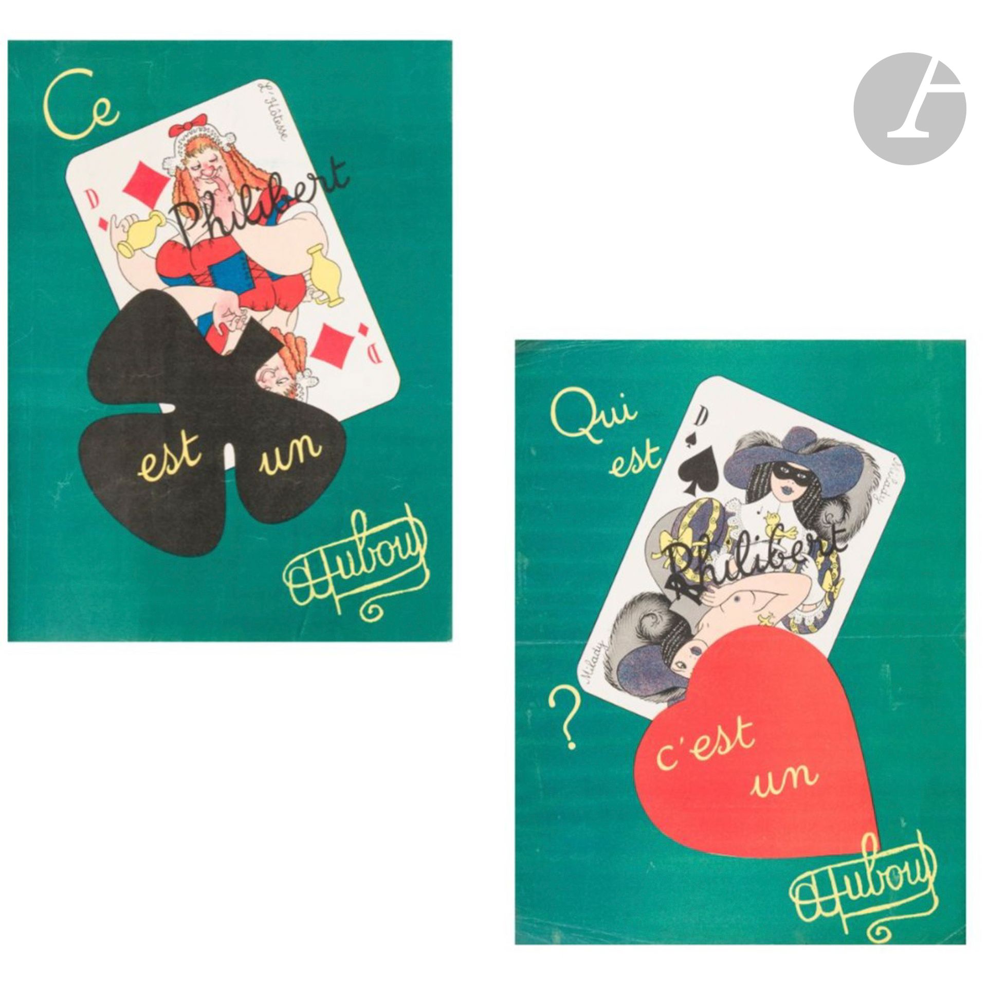 [2 JEUX DE CARTES]
Albert DUBOUT (1905-1976) 
Jeux de cartes du Grand Philibert, vers 1960 et Les Mousquetaire. Dans un emboîtage en métal ajouré peint en noir. 11x16 cm

On joint :Milady et l’Hôtesse. 2 affichettes illustrées. 39,5 x 30 cm

Bibliographie :Dubout,tome 4, p. 281, réf. 5152 et 5153.