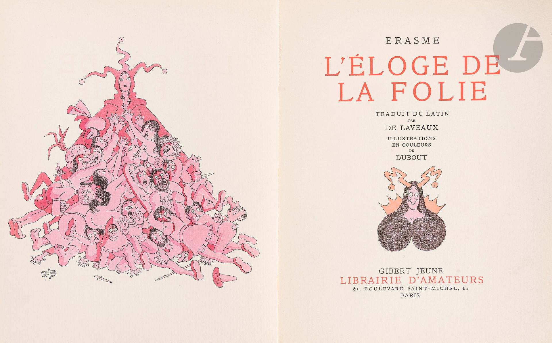 [ÉRASME]. L’Éloge de la folie.
Gibert Jeune Librairie d’Amateur, Éditeur, Paris, 1951.
L’un des 4500 exemplaires numérotés sur vélin de Condat, illustré de compositions d'Albert Dubout, celui-ci numéroté 2060, sous couverture souple, avec envoi autographe de Dubout. 26 x 20,5 cm