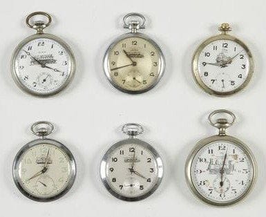 Lot de 6 montres à gousset à décor d?une locomotive sur le cadran: comprenant 4 cadrans peints et 2 émaillés. (Toutes à réviser. 2 cadrans fêlés)
