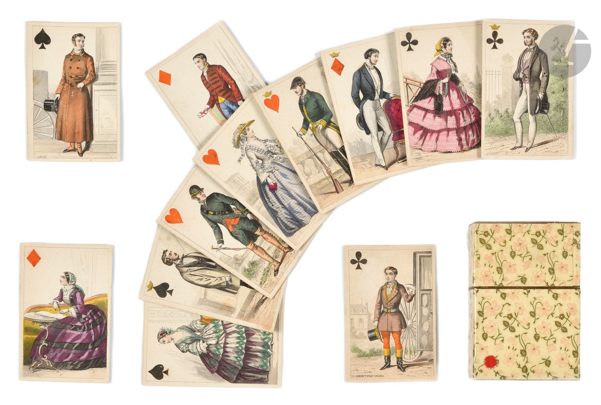 [PLAYING CARDS].
[DECK OF 52 CARDS]. ["Les Modes"].
S.l., 19th century. - 52 cards, 84 x 56, sky-blue glazed paper backs. Case covered in cream satin paper with floral motif.

Same classic card game as the previous one, in an ordinary color version, but the figures are different. The figures are also enhanced in color.
The king is differentiated by a crown on the color sign.
A fine copy.