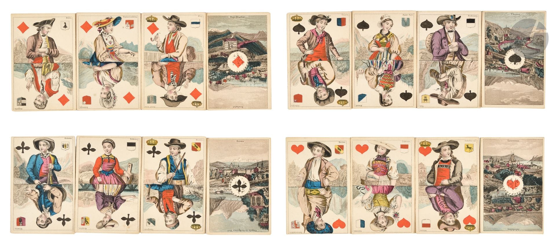 [PLAYING CARDS].
[SWITZERLAND]. Set of 52 antique playing cards.
S.l. late 19th century. - 52 cards, 89 x 59, paper spine with blue stipple pattern, gilt edges, slipcase.

Beautiful classic deck of cards (spades, diamonds, hearts and clubs) with a Swiss theme.

The aces feature two colorfully enhanced city views. The heads each represent two different inhabitants in the traditional colored costumes of Switzerland's various cities or provinces and their coats of arms. The king is distinguished by a crown on the colored sign.

Restored case from another set